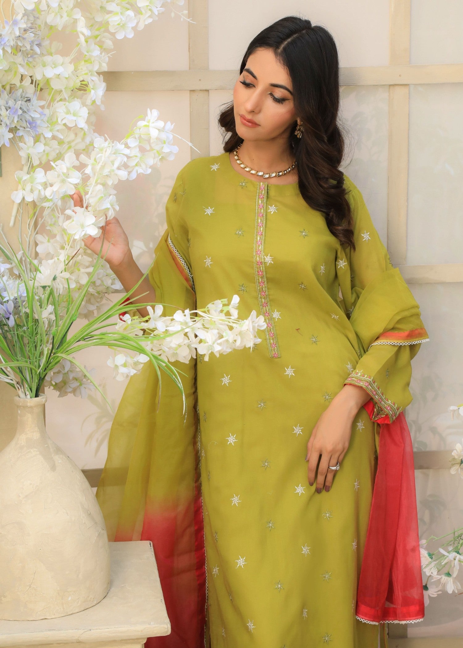 voile Kurta Set in Lime green