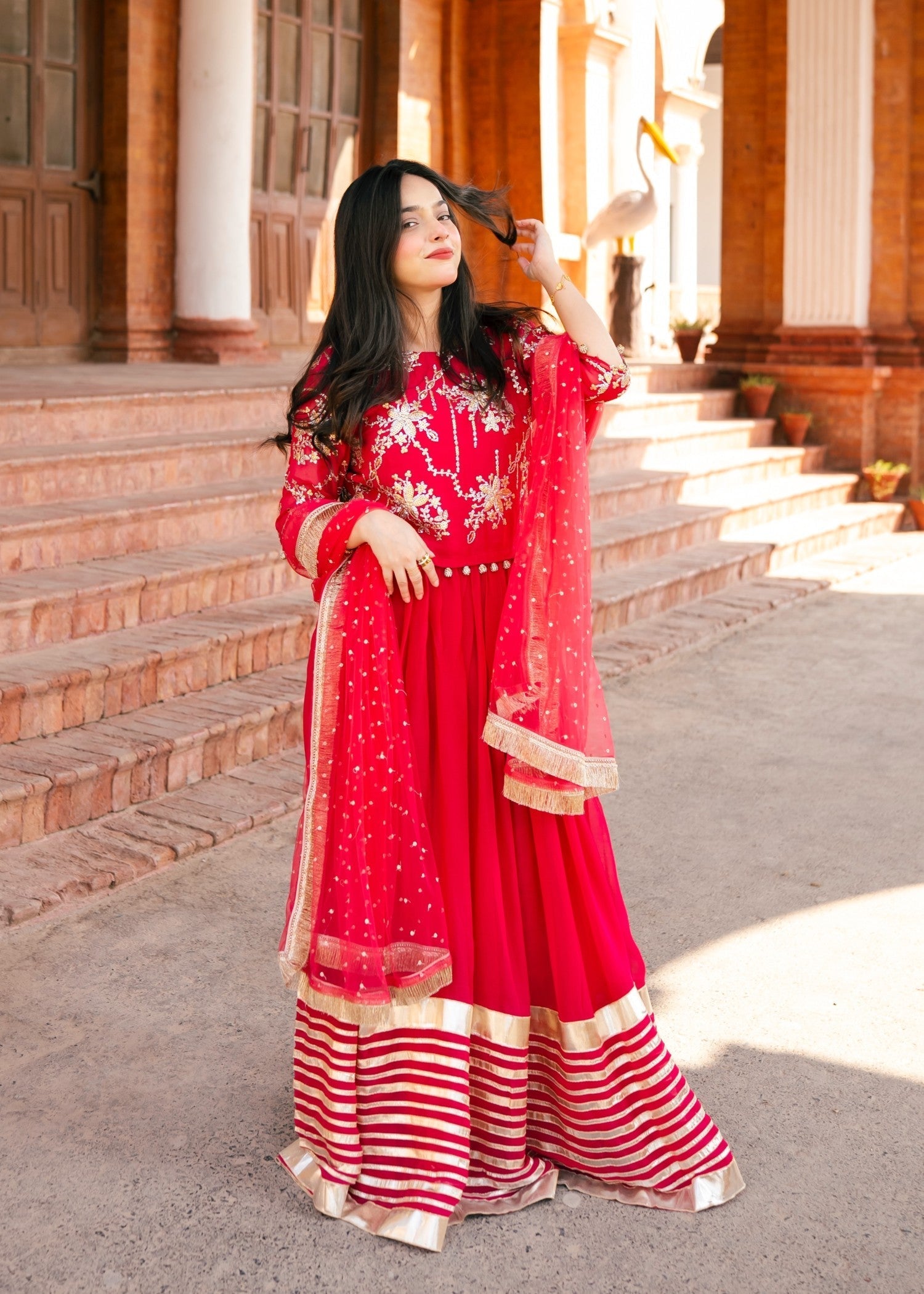 bemberg crinkle chiffon Lehenga in Raspberry pink