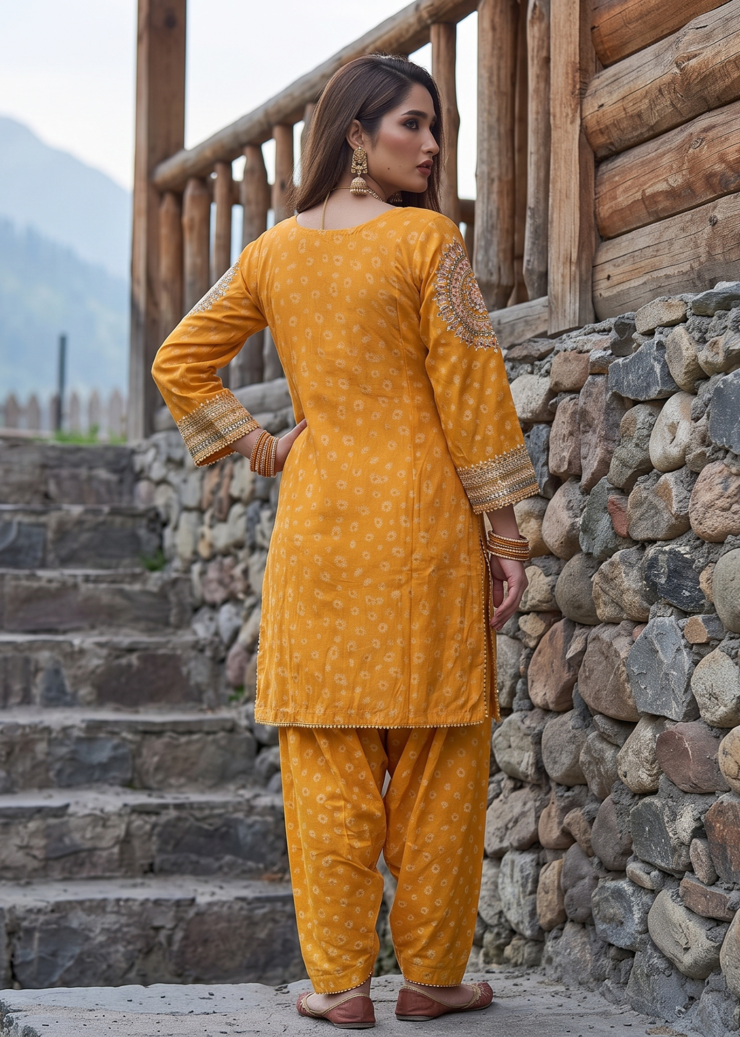 jacquard Kurta Set in Mustard
