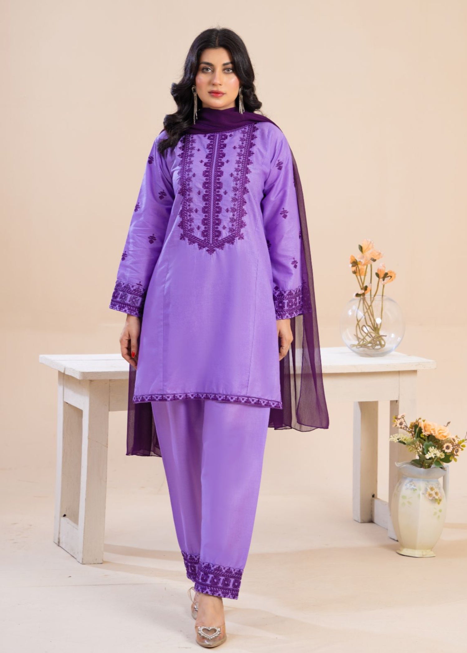 cambric Kurta Set in Heathered lilac