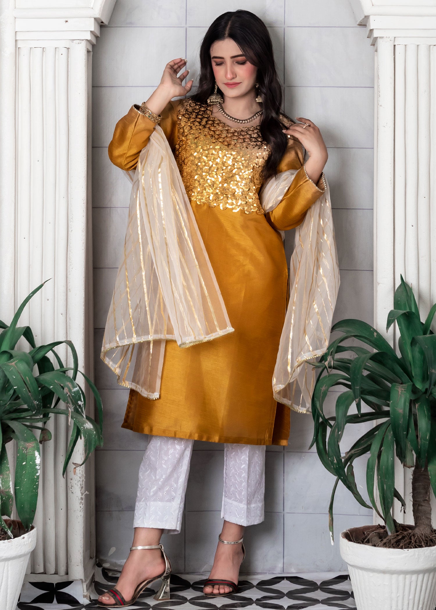 silk Kurta Set in Bronze orange