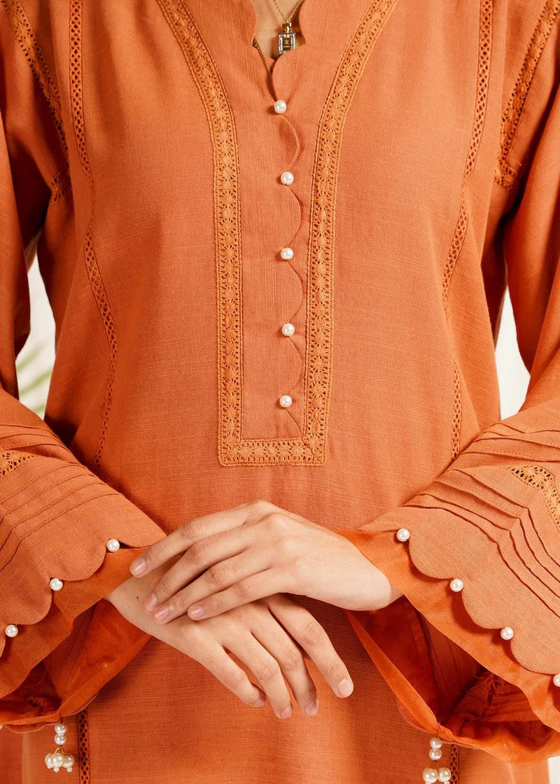 khaddar Kurta Set in Coral orange