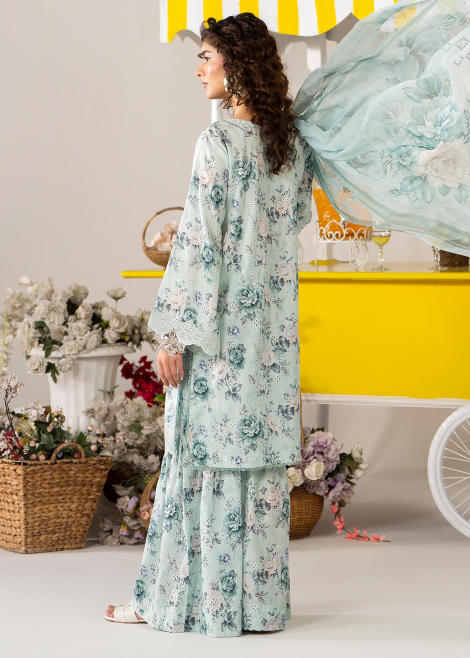 lawn cotton Sharara in Mint green, ice blue