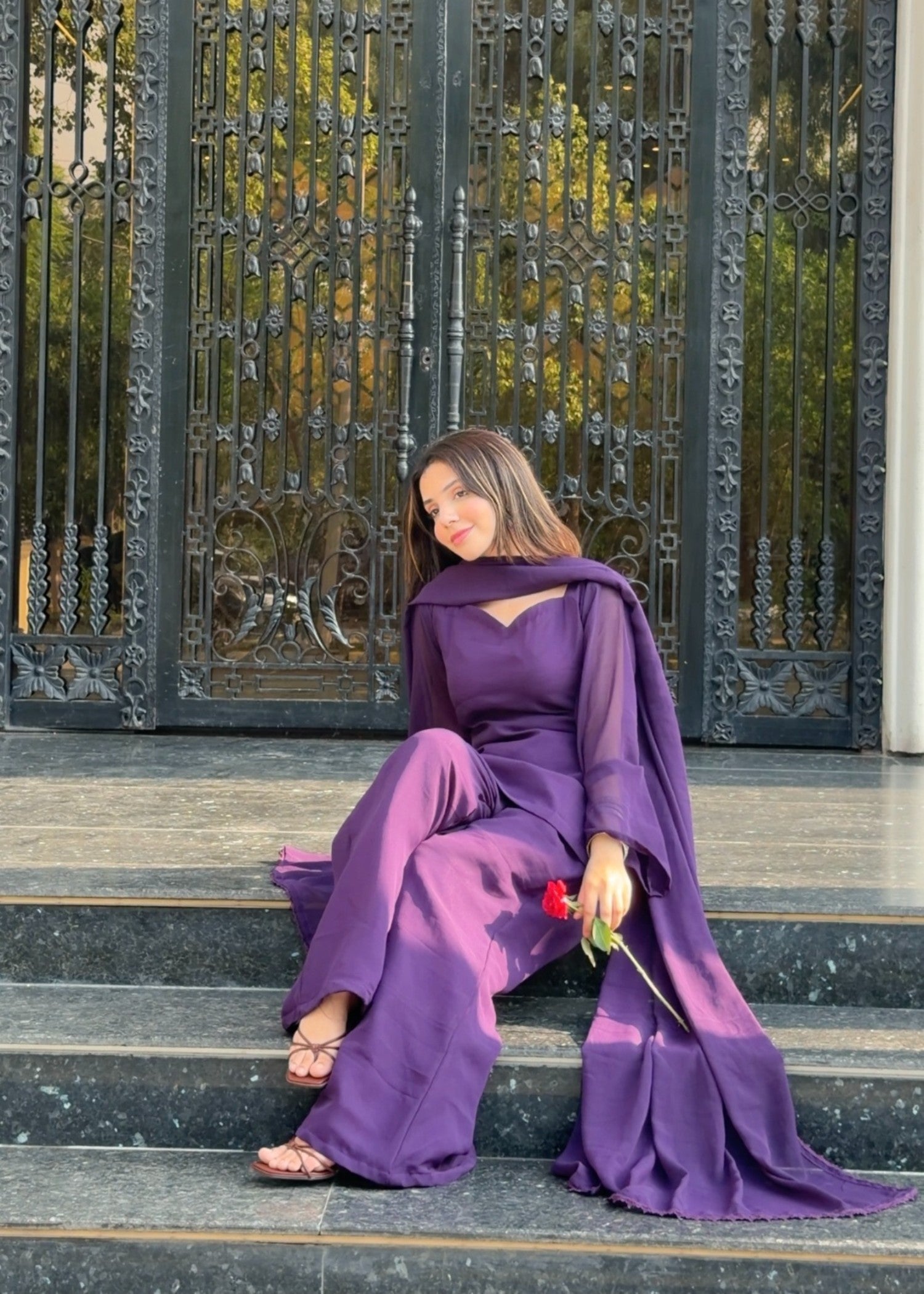 chiffon Kurta Set in Royal purple