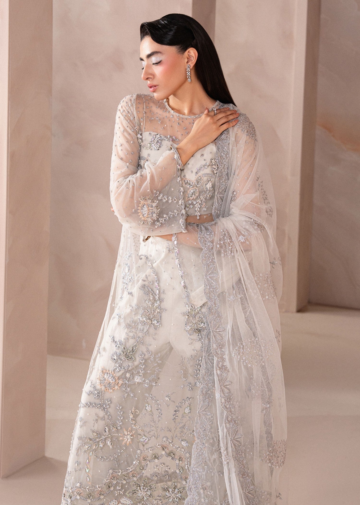 net Kurta Set in Ghost white