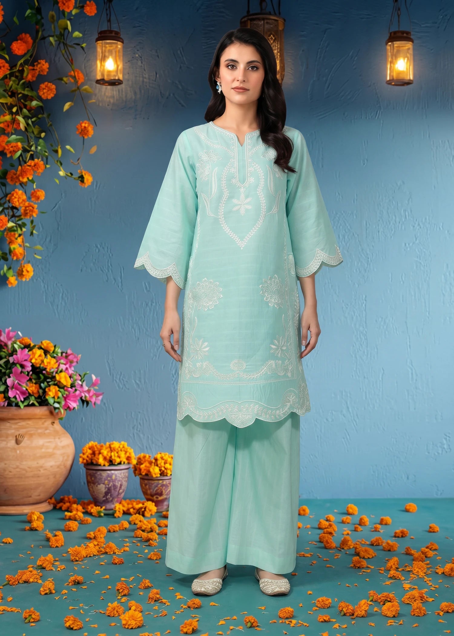textured lawn Kurti in Sky blue