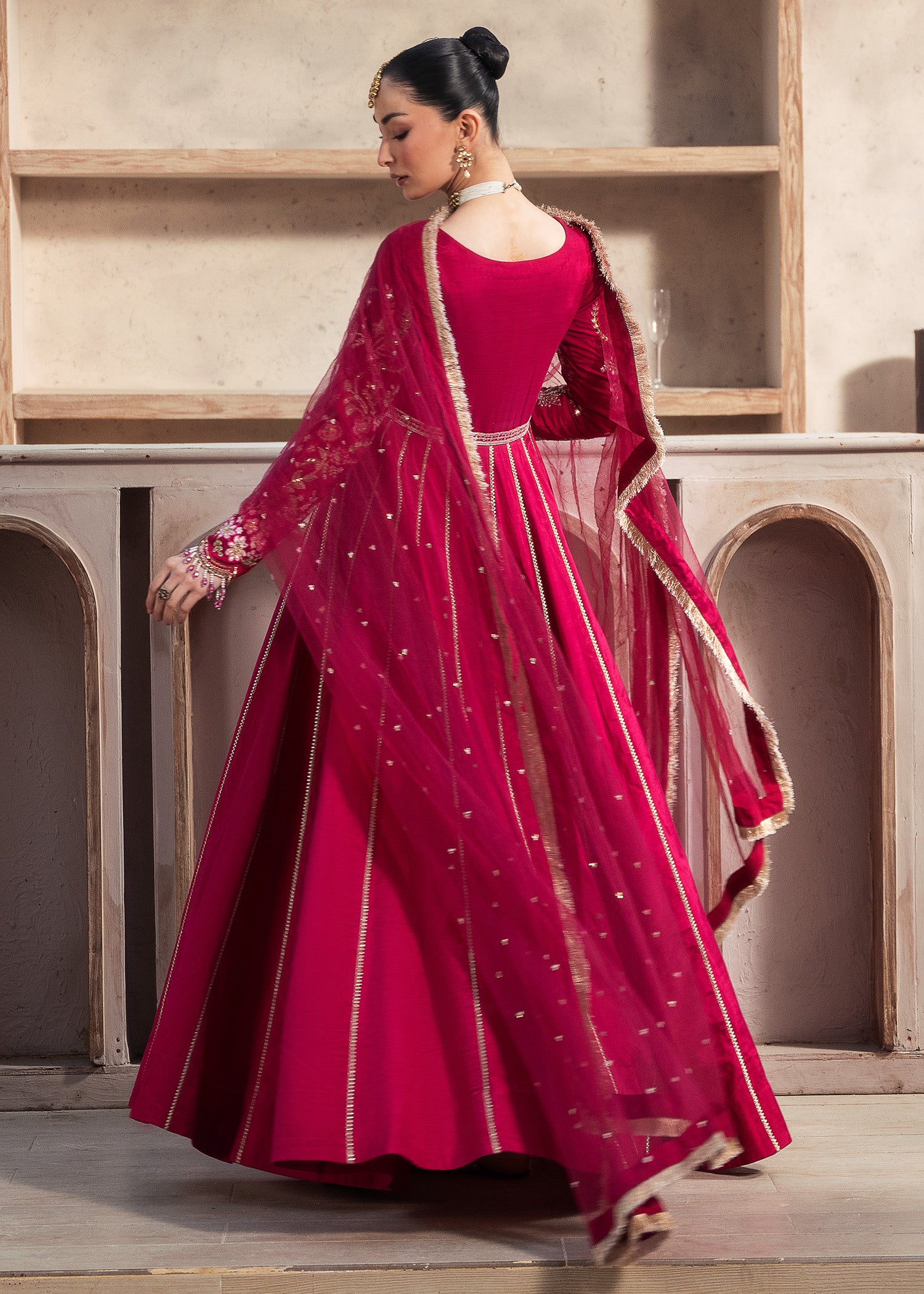raw silk Pishwas in Shocking pink