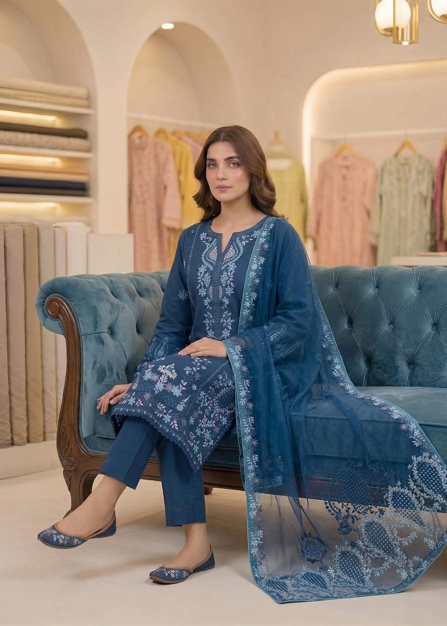 lawn cotton Kurta Set in Ocean blue