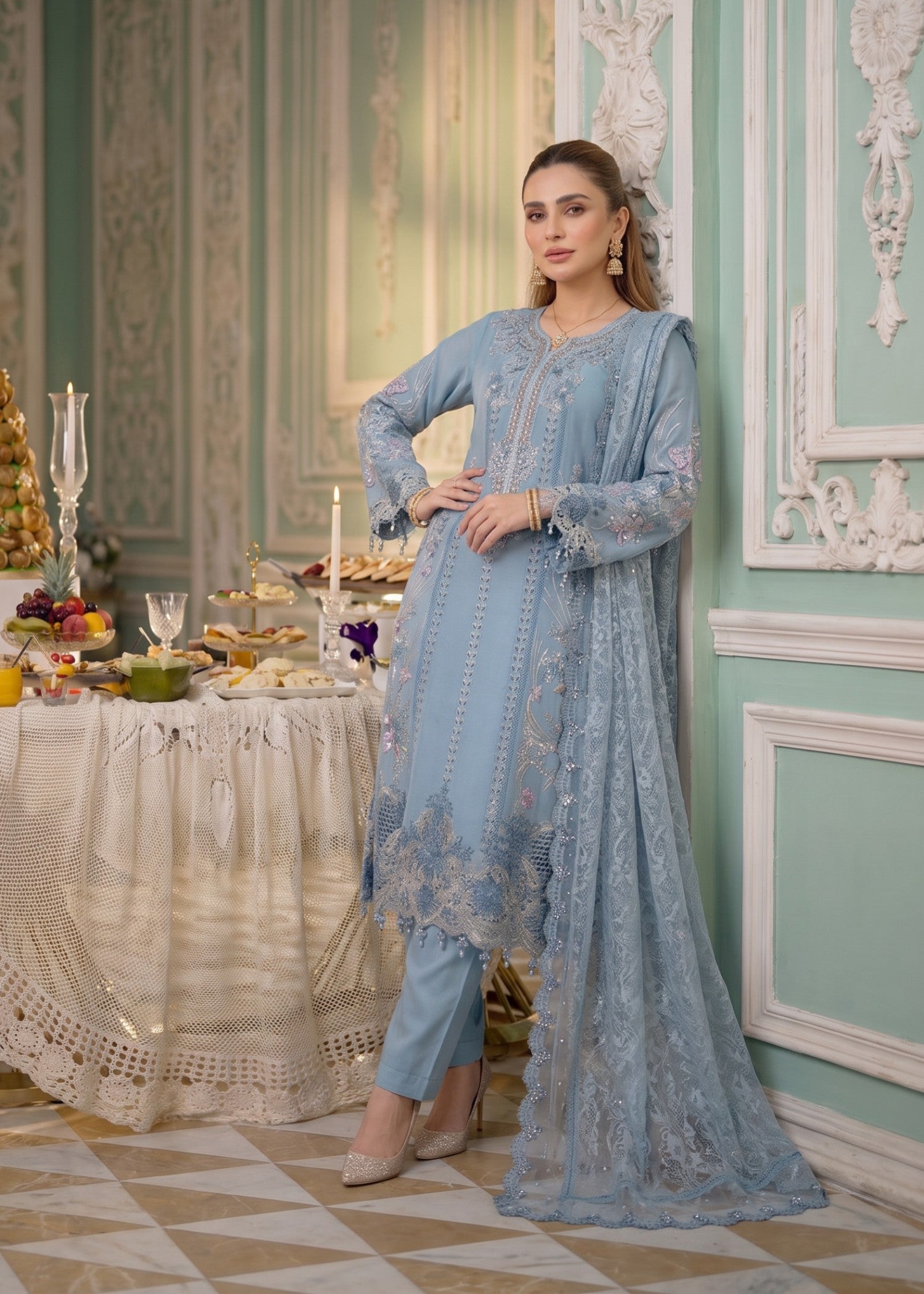 chiffon Kurta Set in Sky