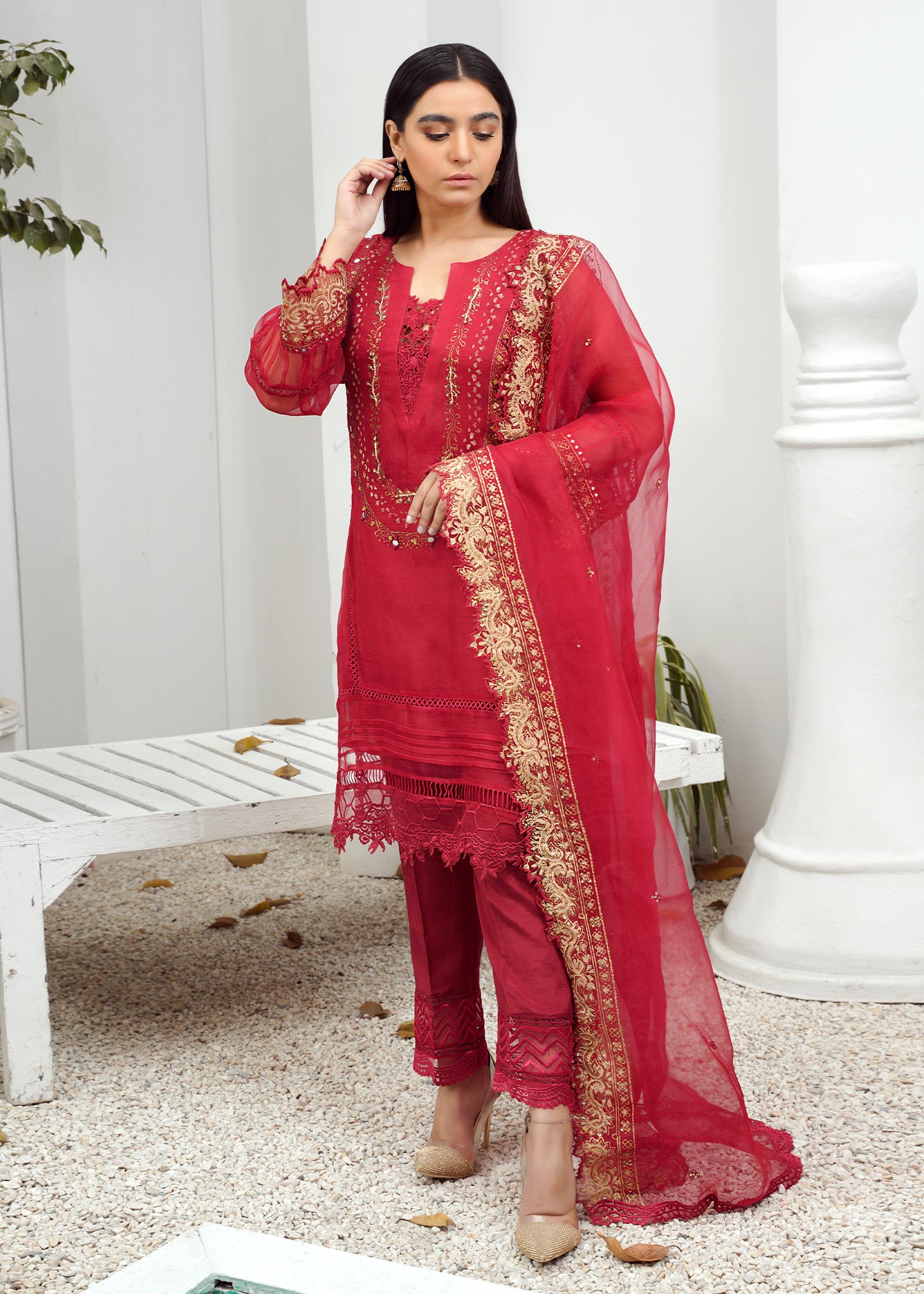organza Kurta Set in Cherry red