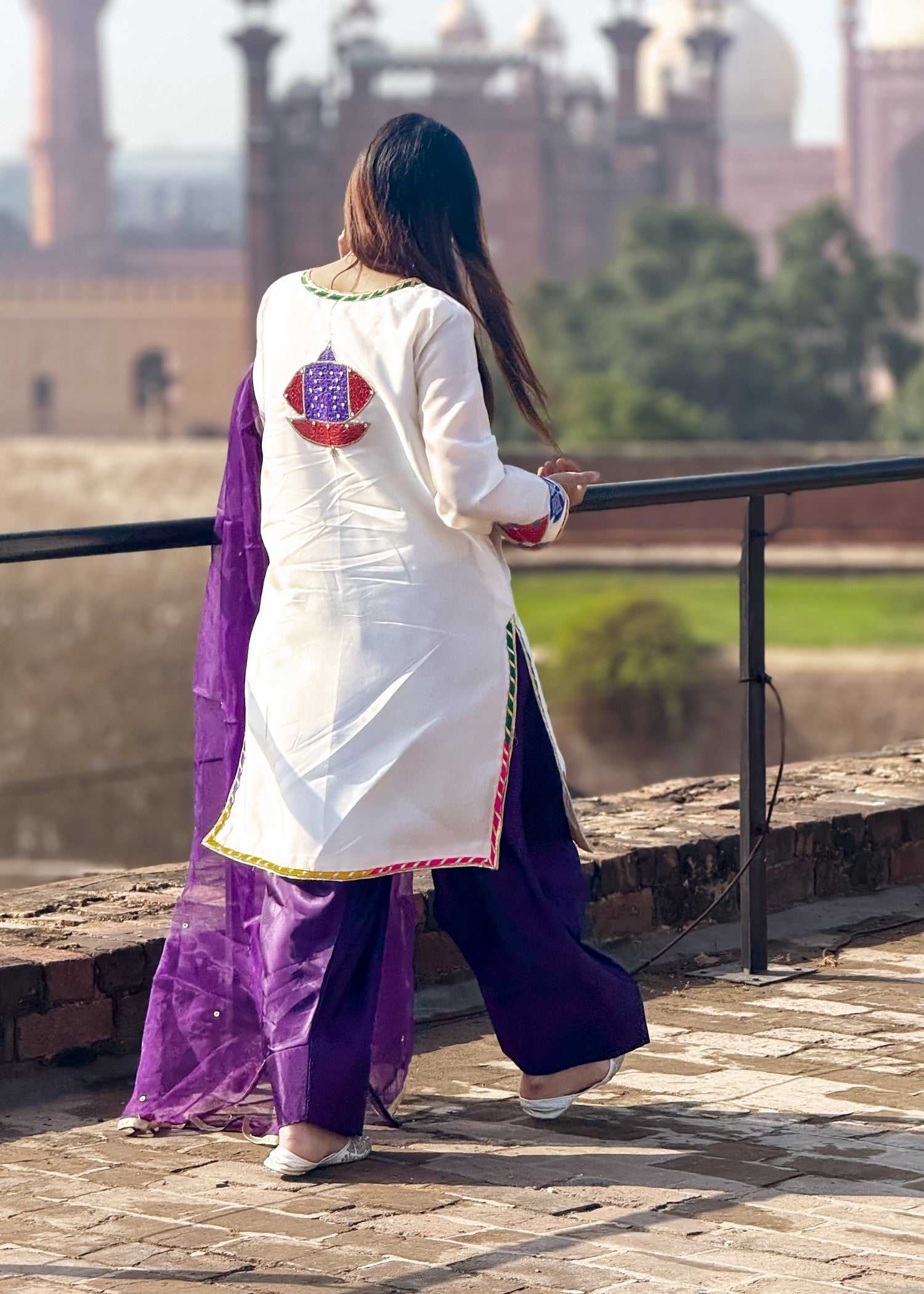 polyester-silk blend Kurta Set in Purple, eggshell