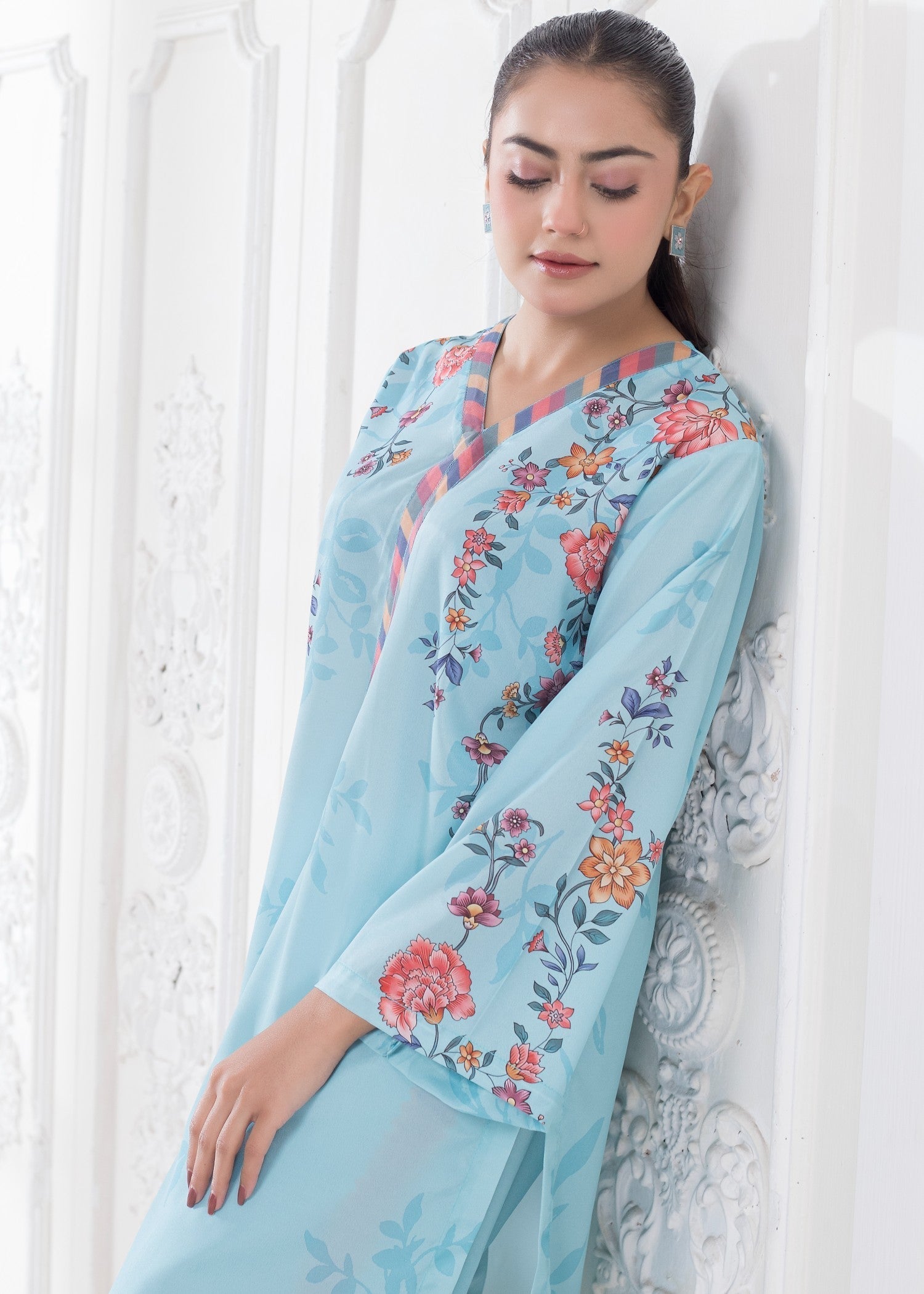 polyester crepe Co Ord Sets in Sky blue