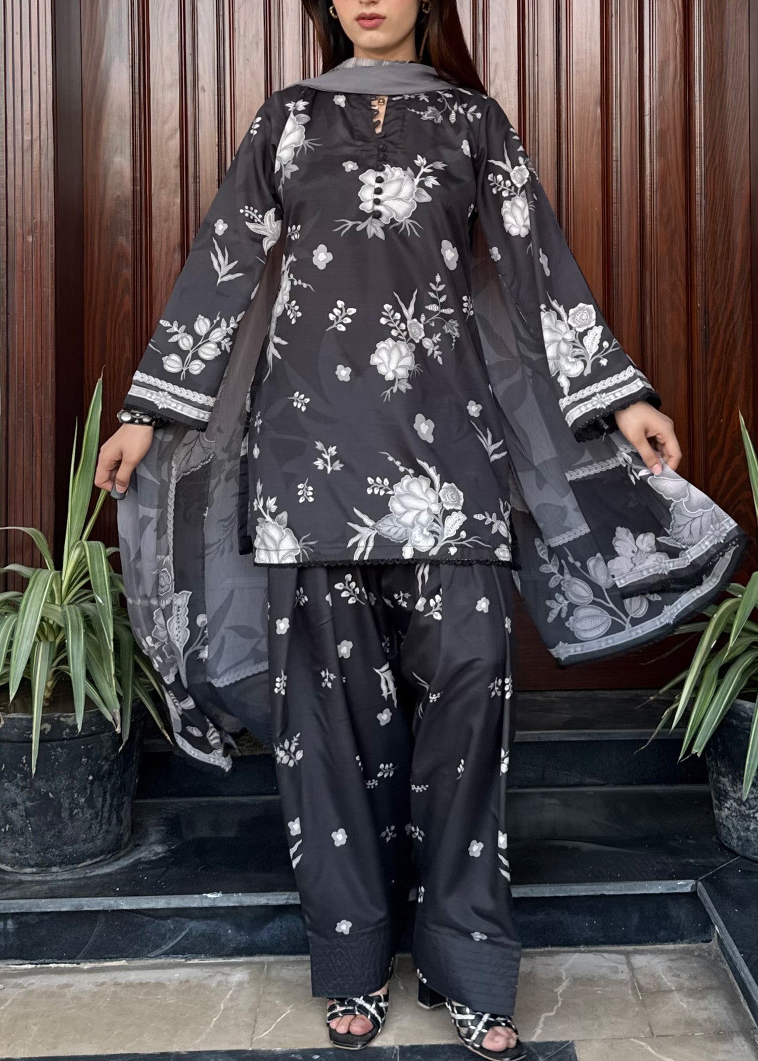 silk finish lawn Kurta Set in Black