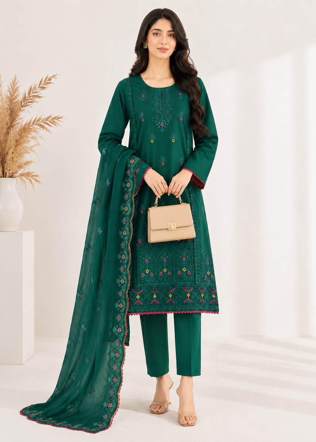 cotton Kurta Set in Forest green