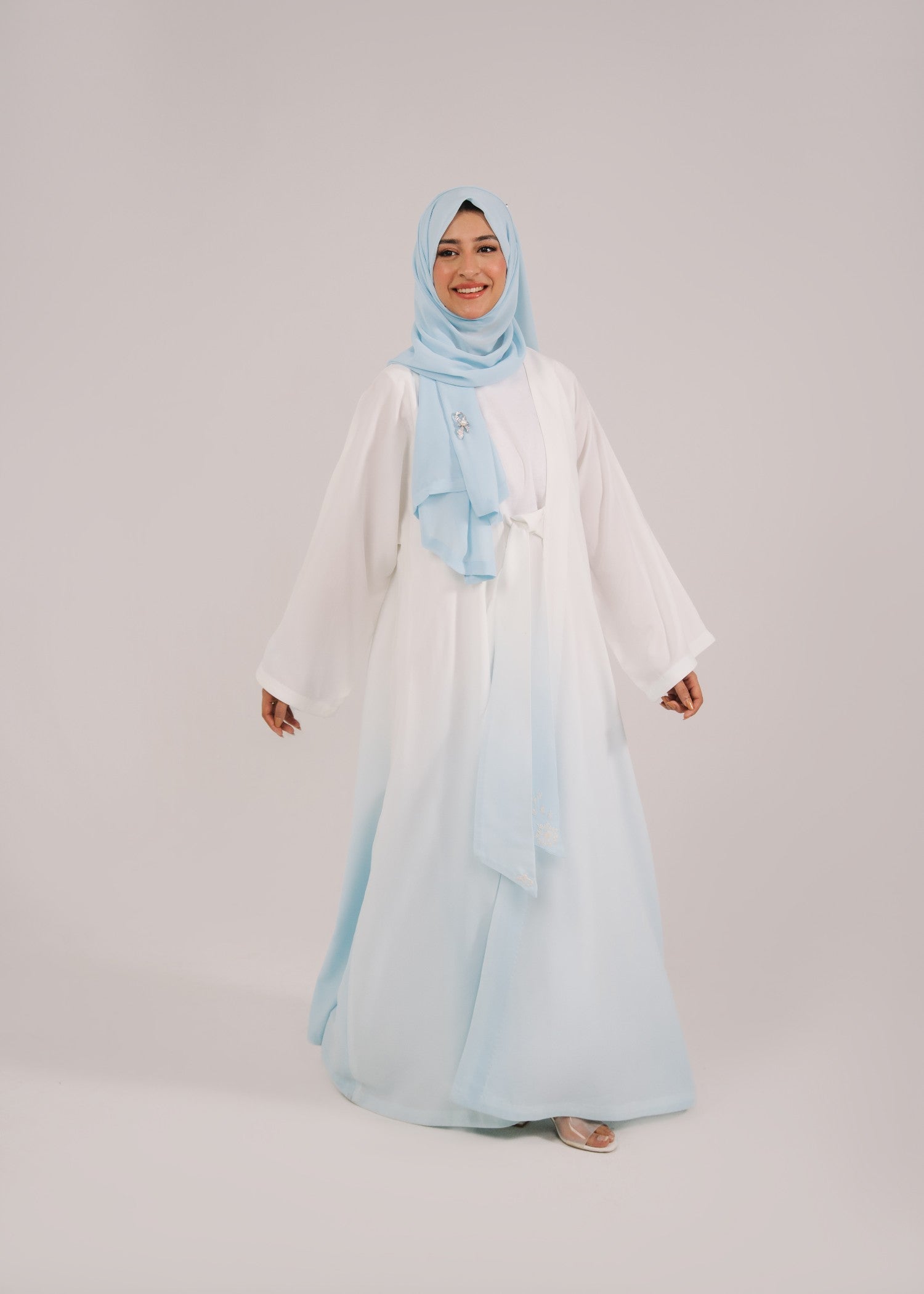 crepe Abaya in White, cloud blue