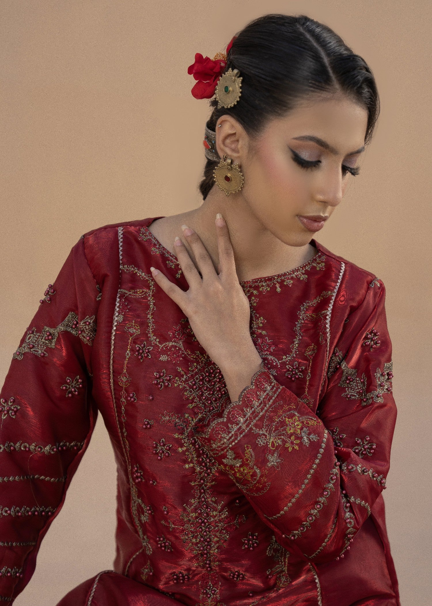 silk Kurta Set in Brick red