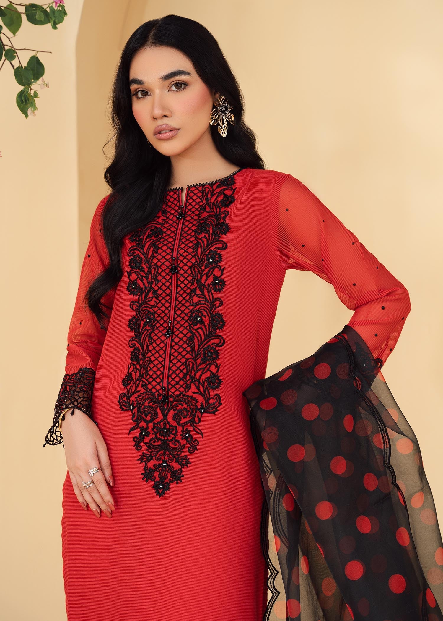 polyester net Kurta Set in Red