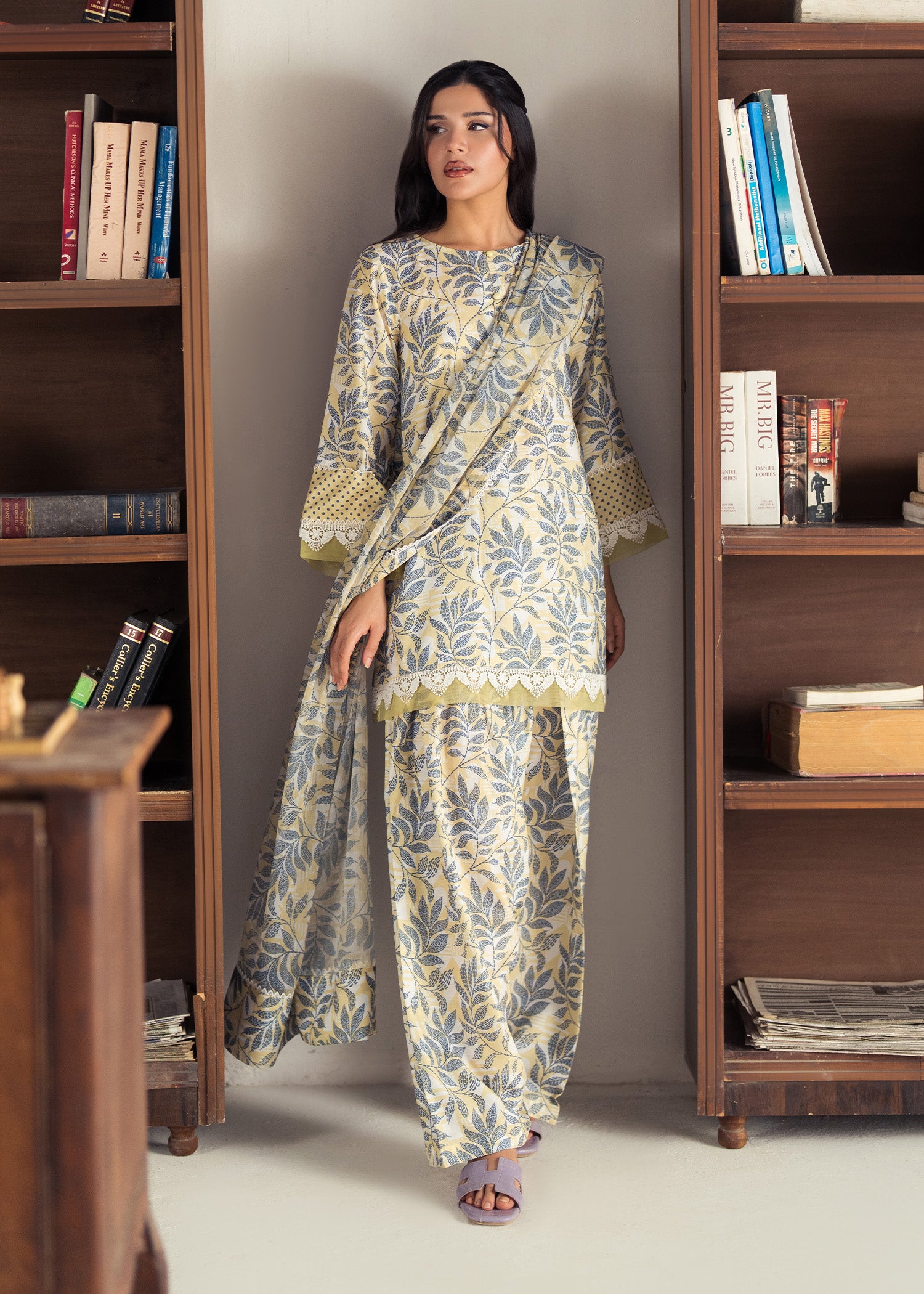 slub lawn Kurta Set in Acid yellow