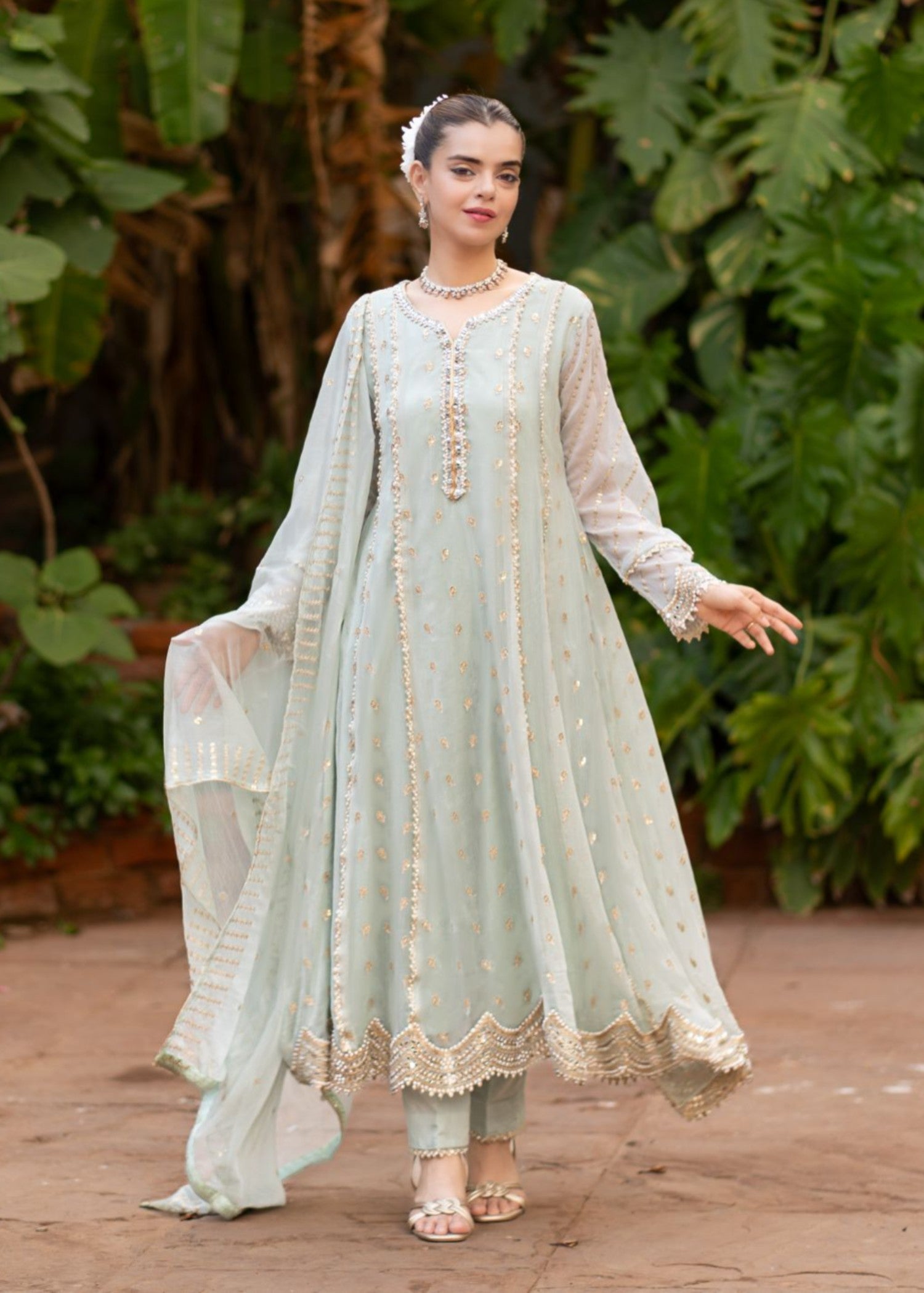 chiffon Pishwas in Powder blue