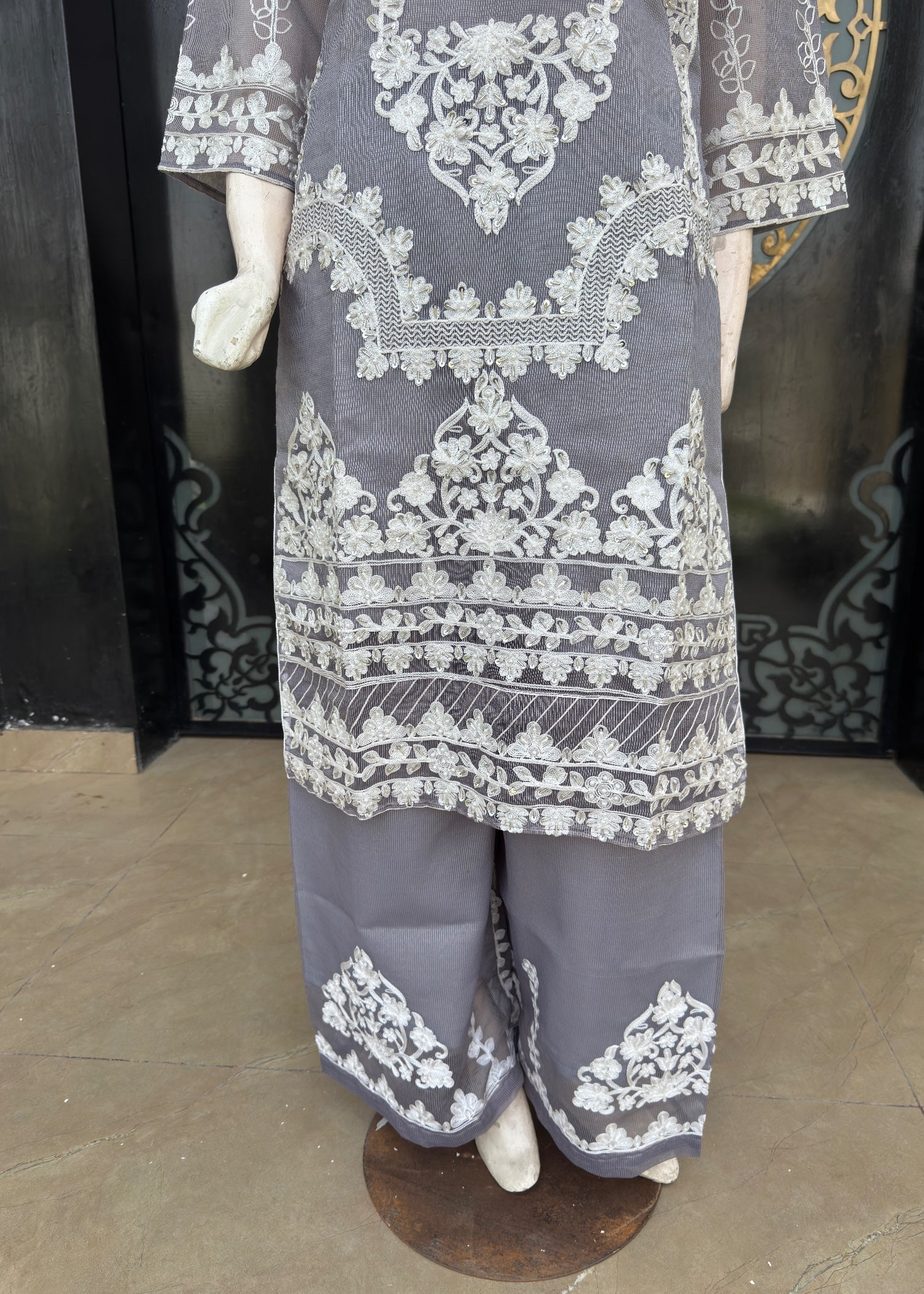 khaddi net Kurta Set in Silver