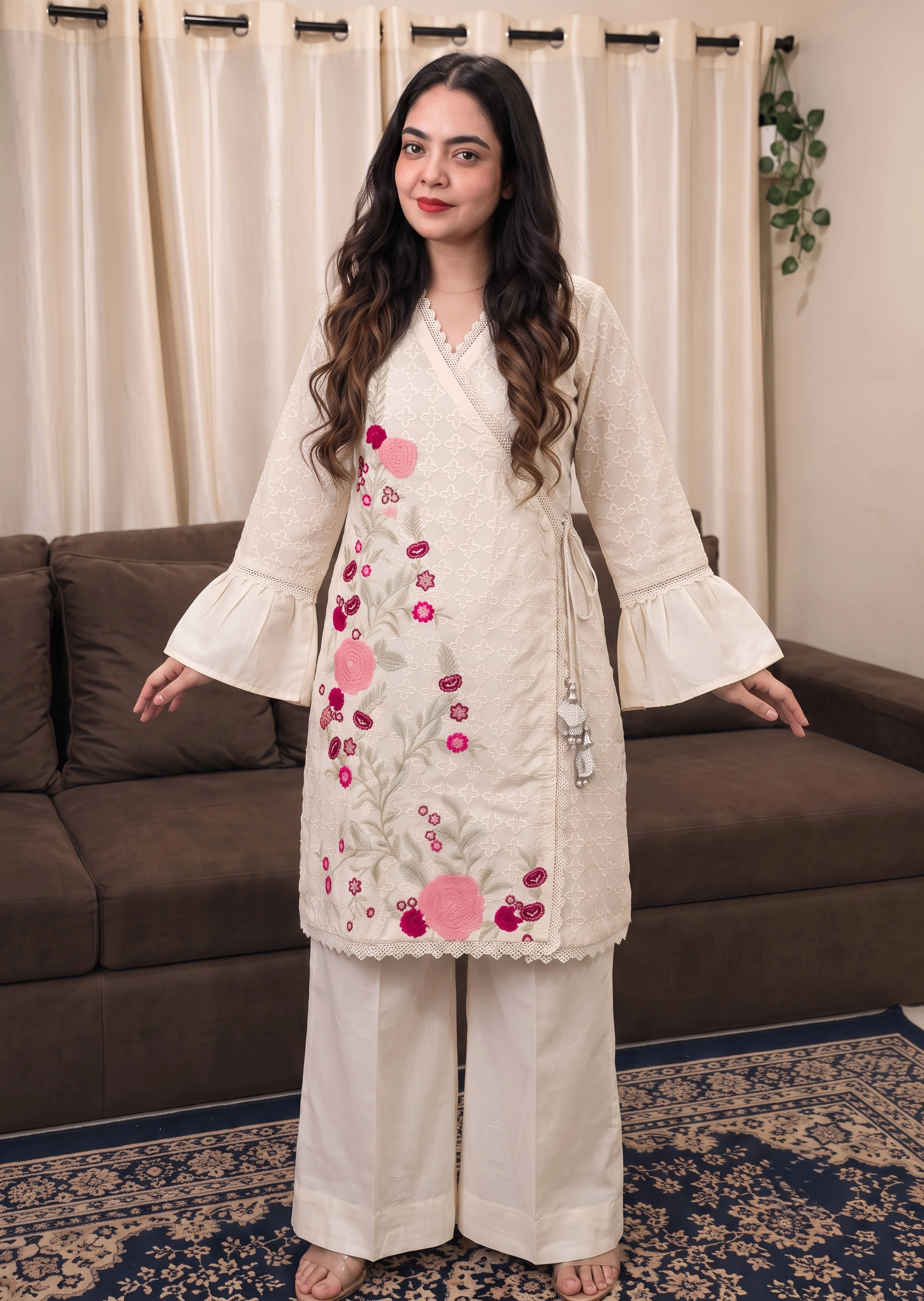cotton crepe Angrakha in Off-white