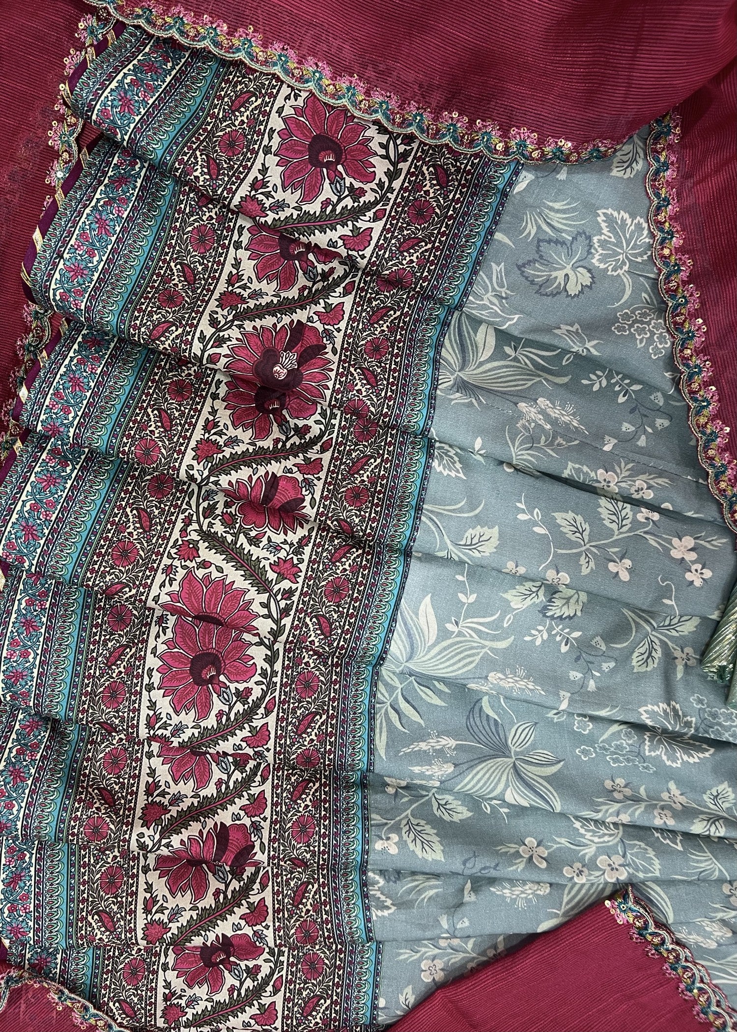 lawn Anarkali in Shocking pink, steel teal