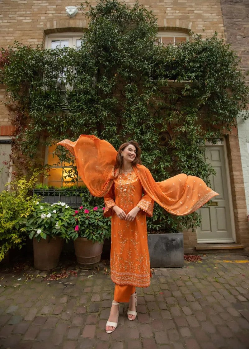cotton Kurta Set in Carrot orange