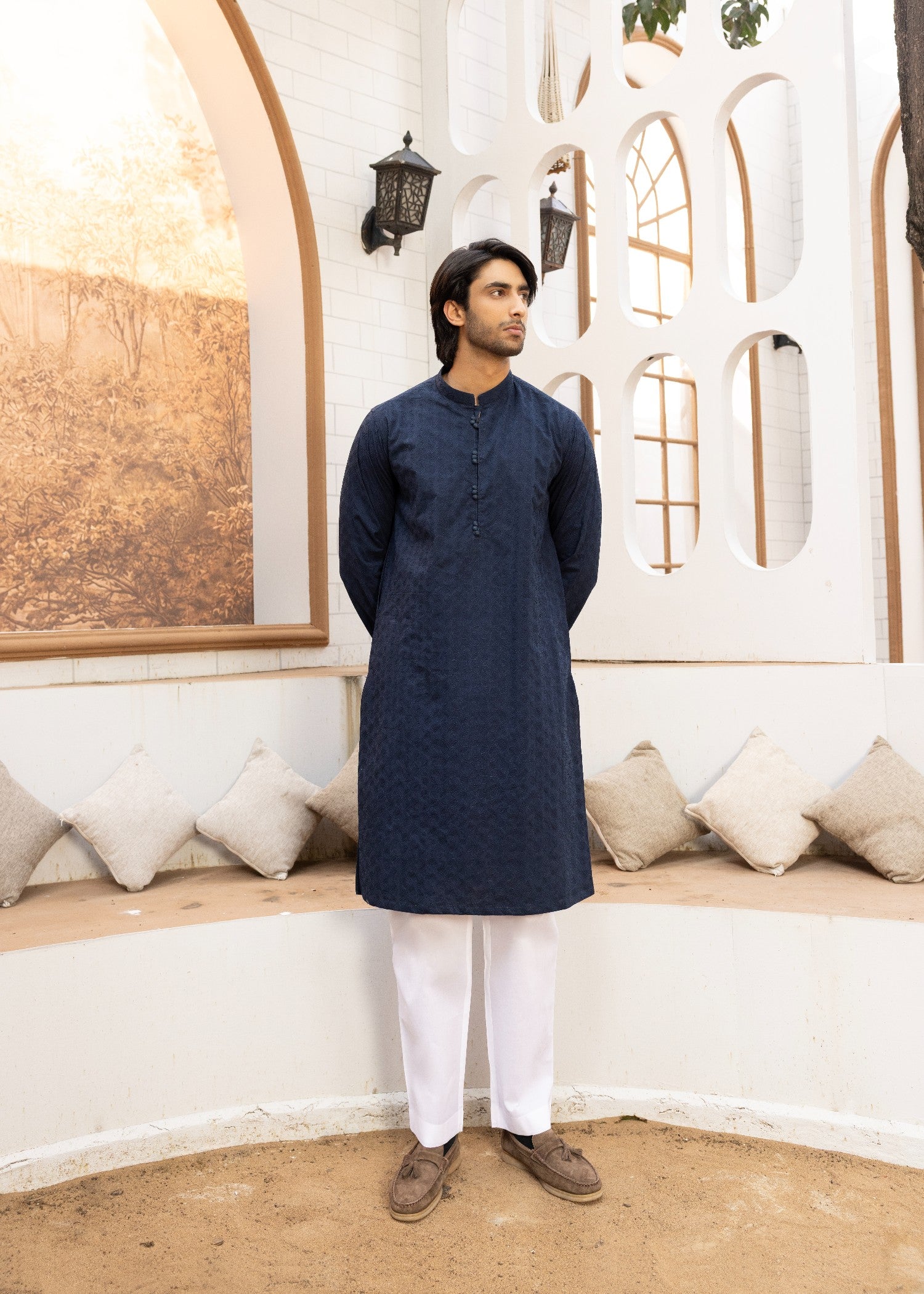 schiffli Kurta in Navy blue