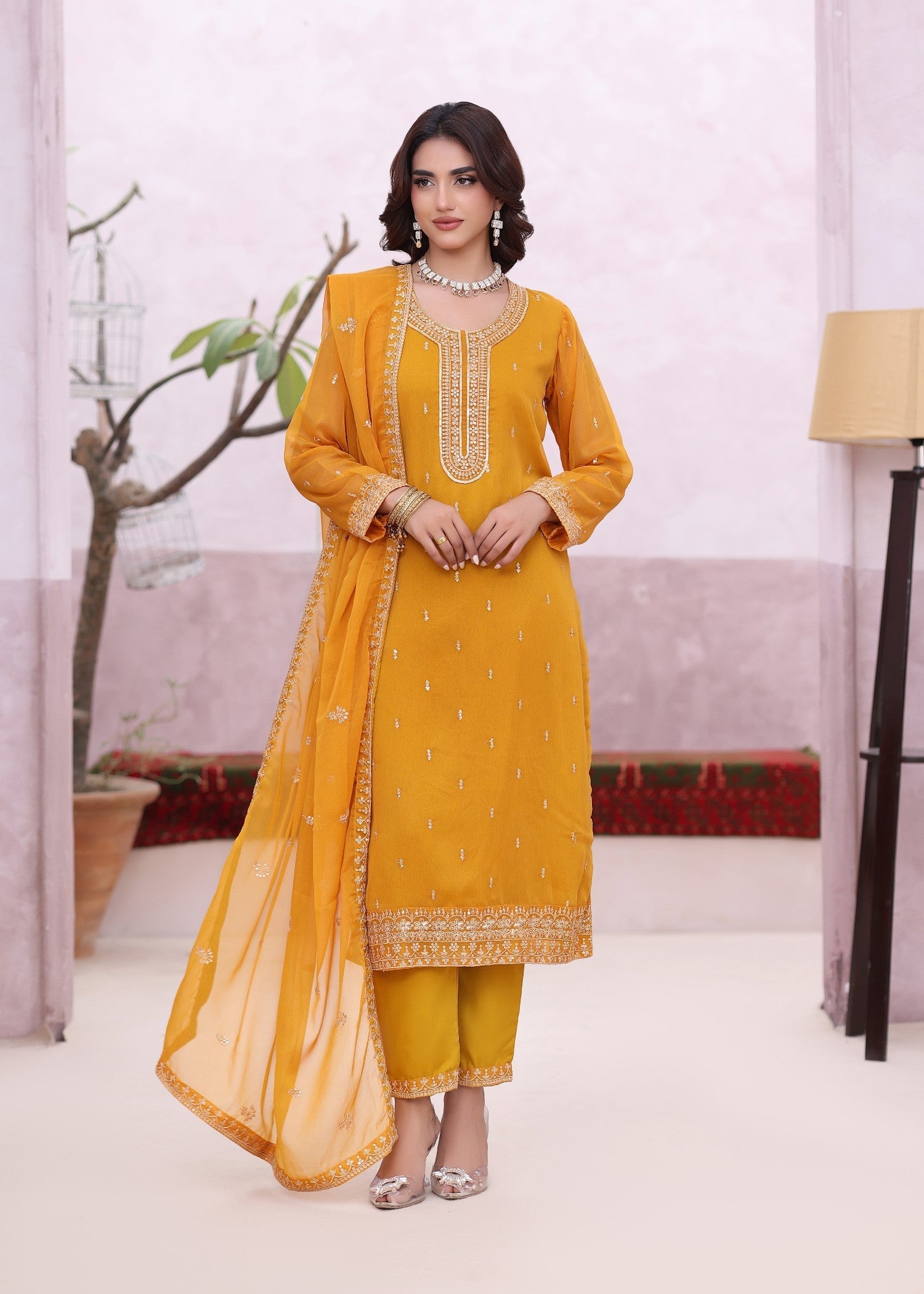 chiffon Kurta Set in Mustard