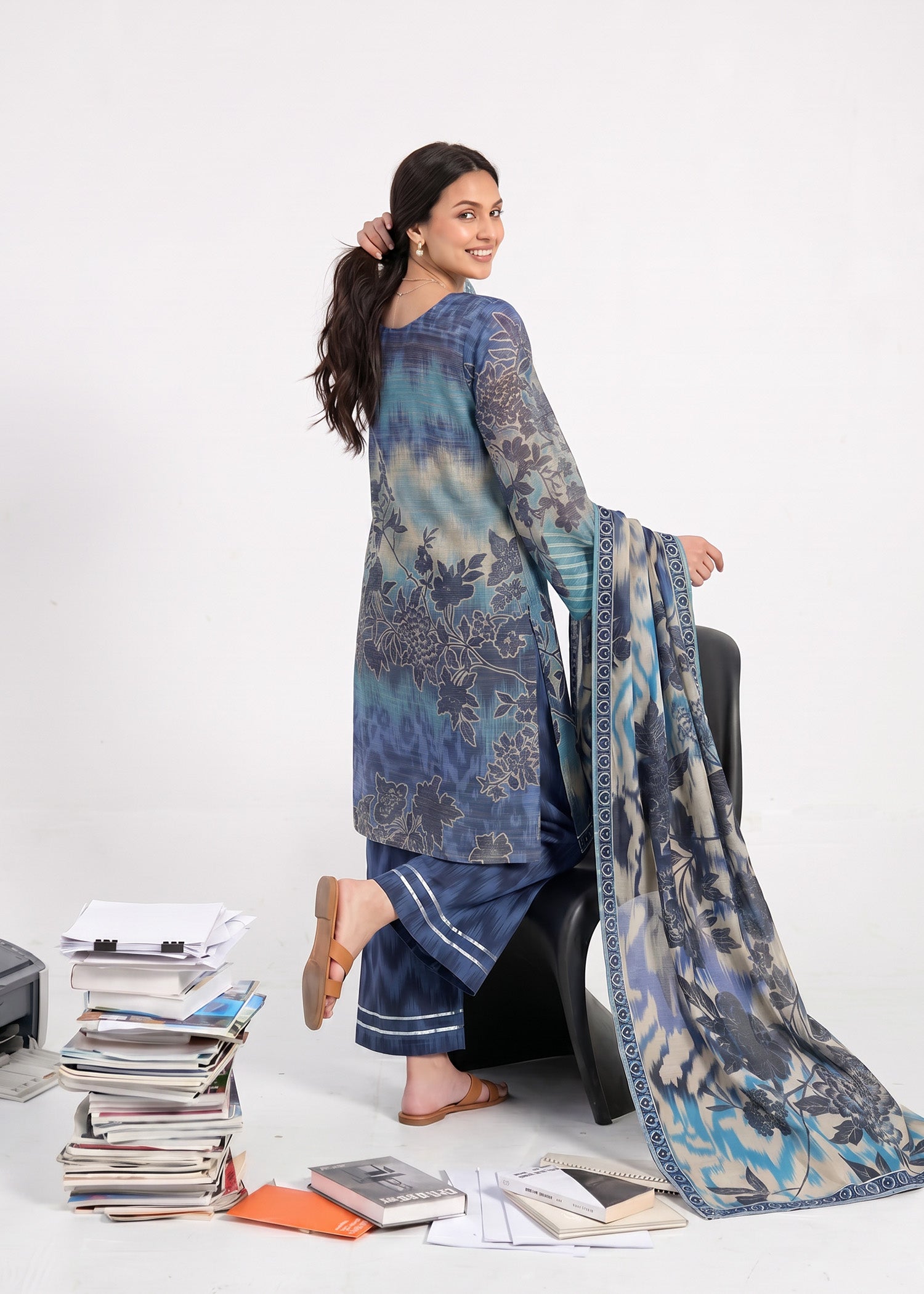 zari tissue Kurta Set in Blue