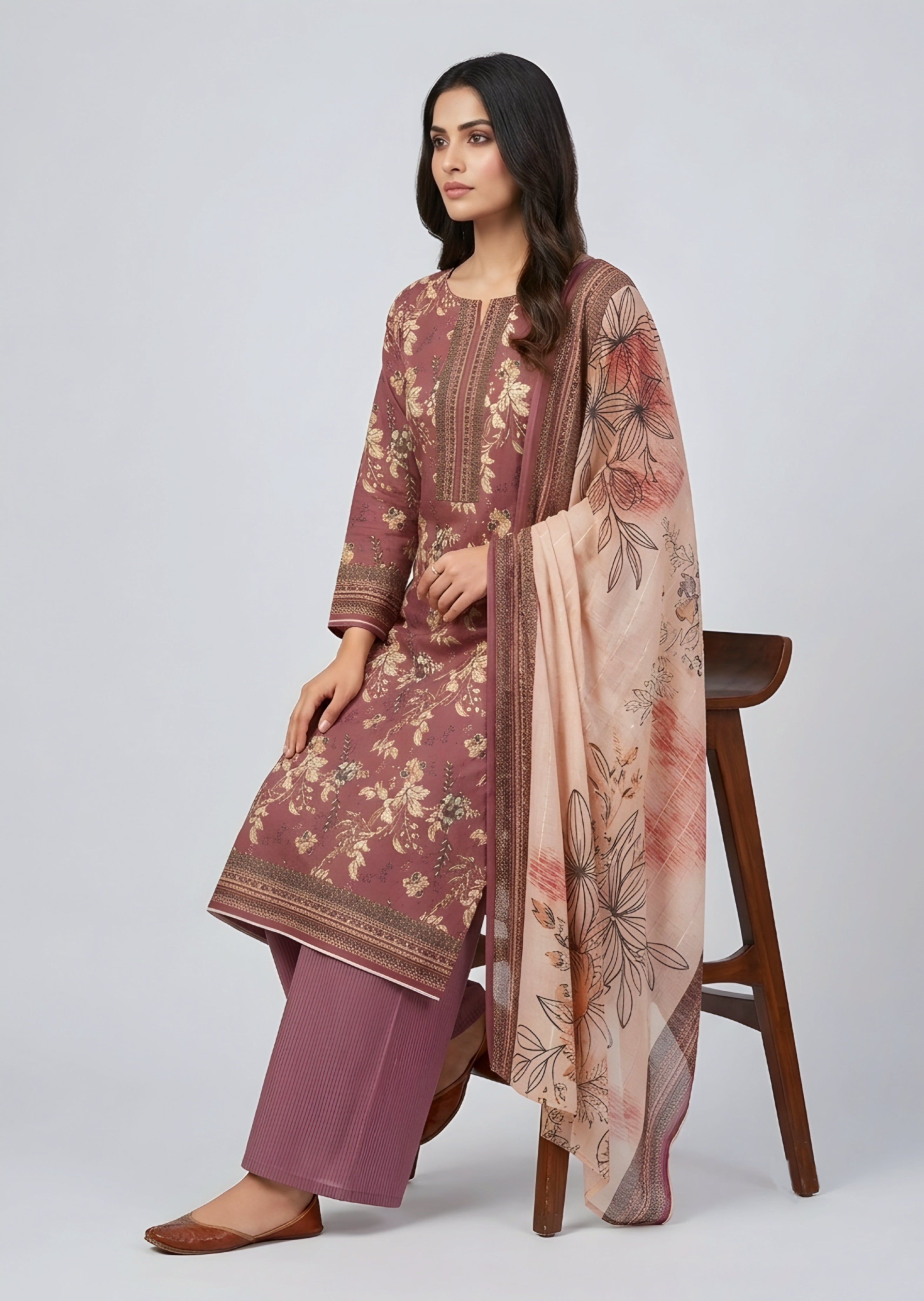 lawn Unstitched in Chocolate brown, butter