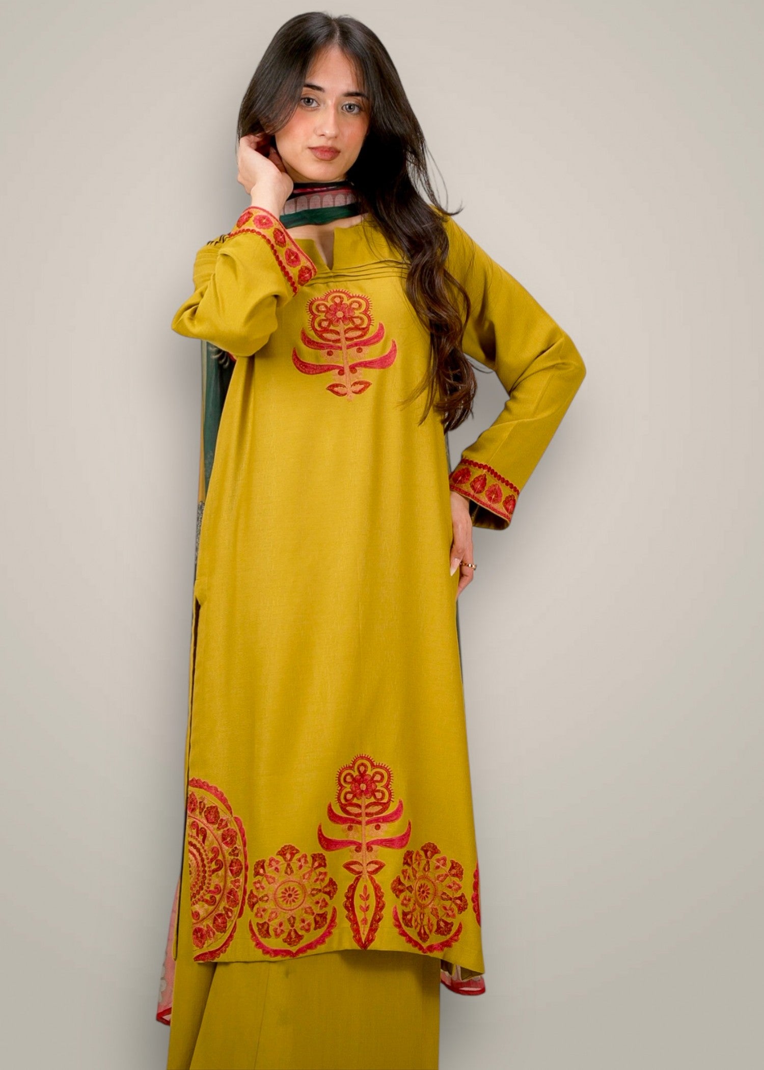 khaddar Kurta Set in Ochre orange