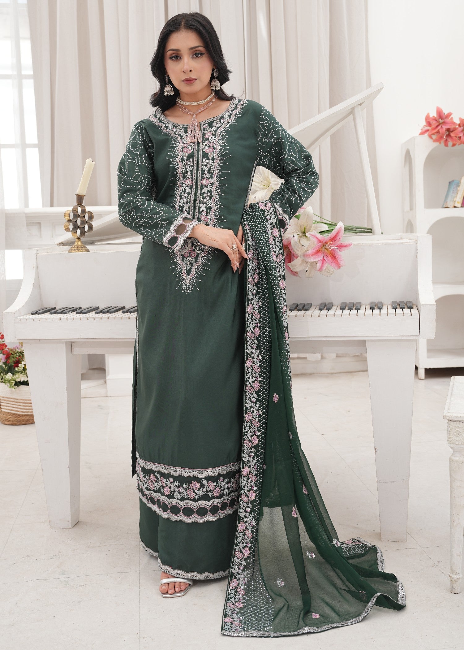 kattan silk Kurta Set in Bottle green