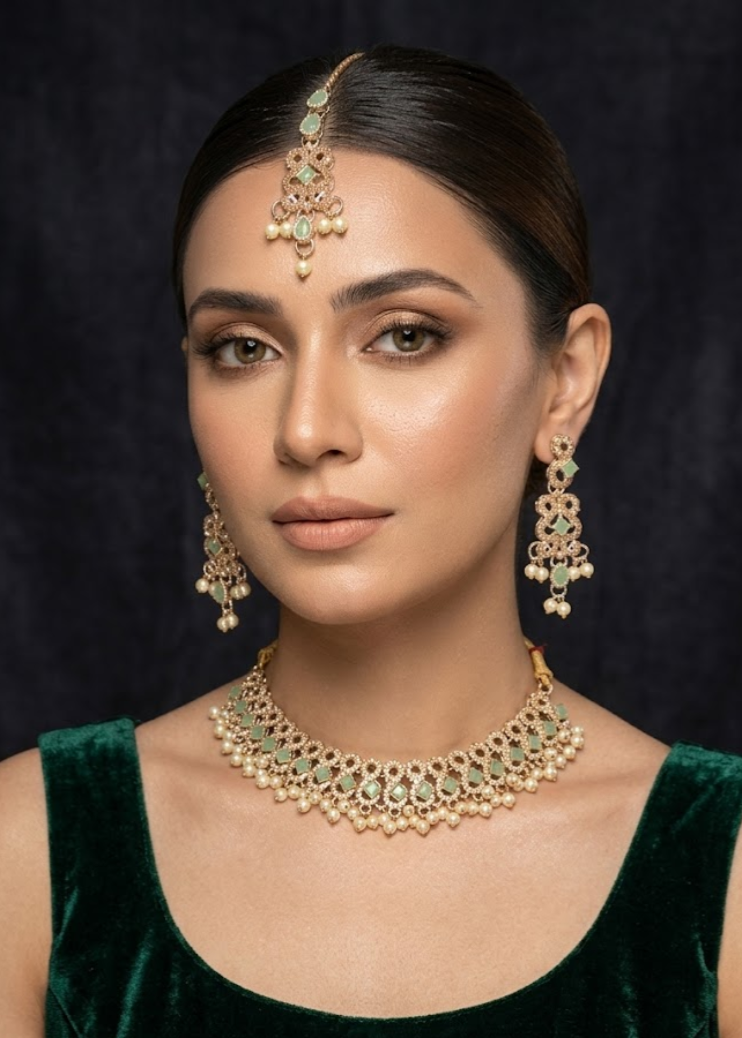 Jewelry Set in White, mint green, gold Color by - Trendy Women Jewelry Set SXJ5021