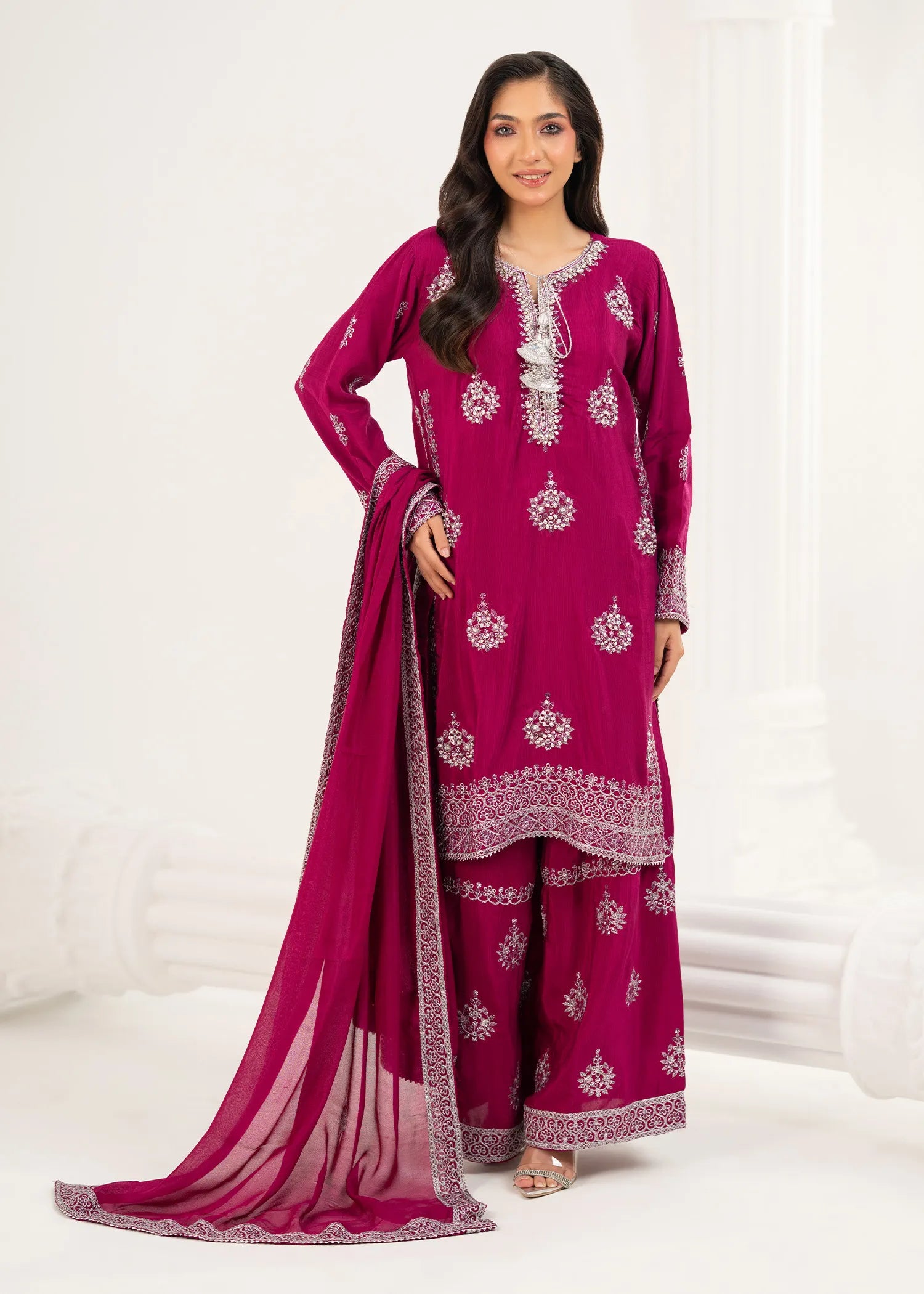 silk Kurta Set in Deep pink