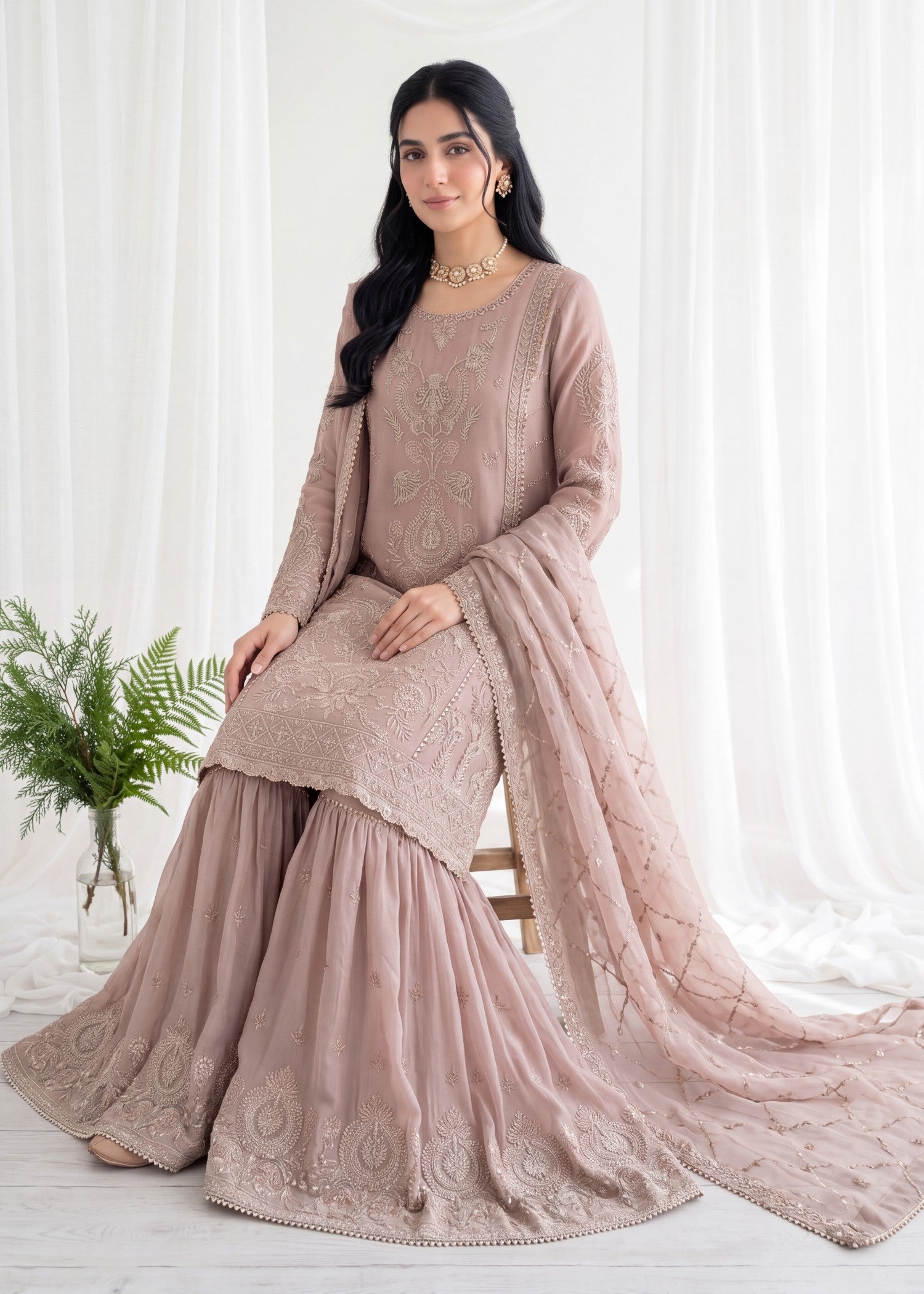 pk crinkle chiffon Gharara in Rose pink