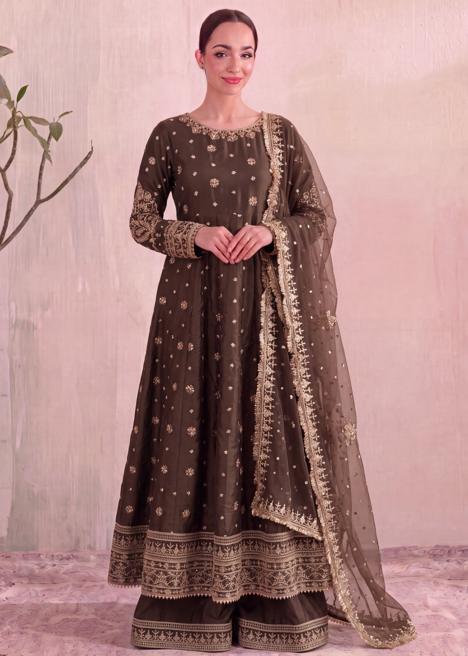 silk Pishwas in Mocha brown