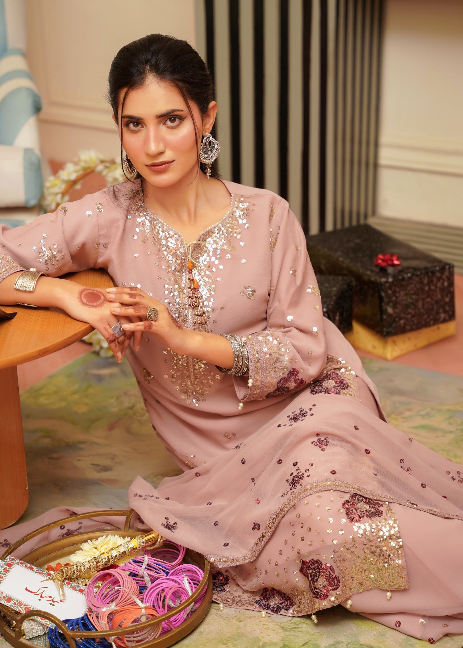chiffon Kurta Set in Tea rose pink