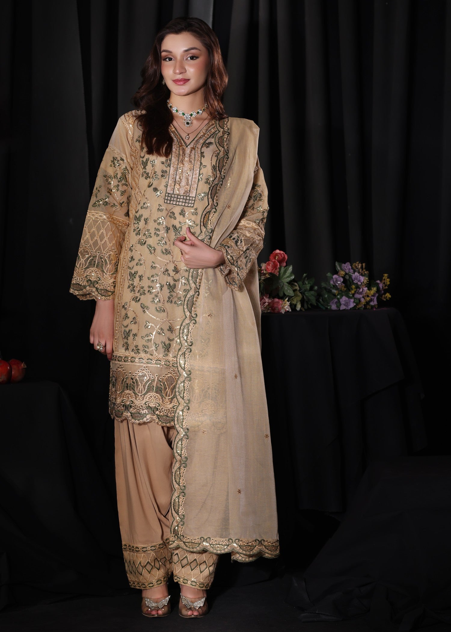 khaddi net Kurta Set in Khaki brown