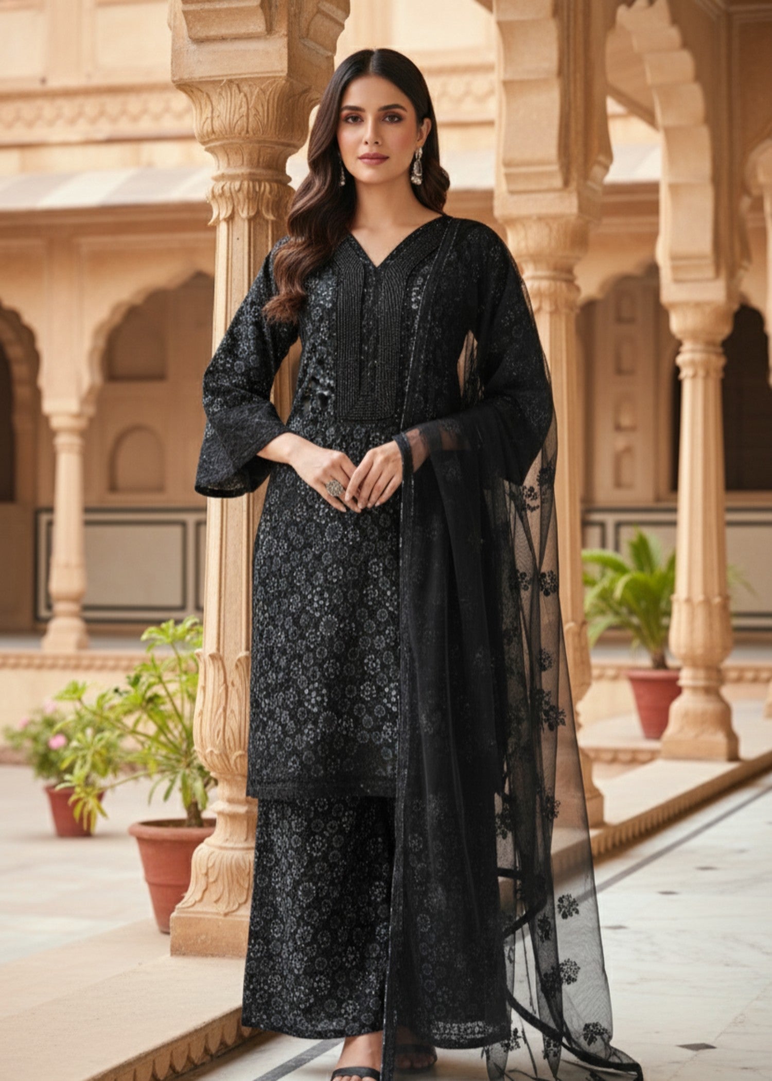 polyester net Kurta Set in Black