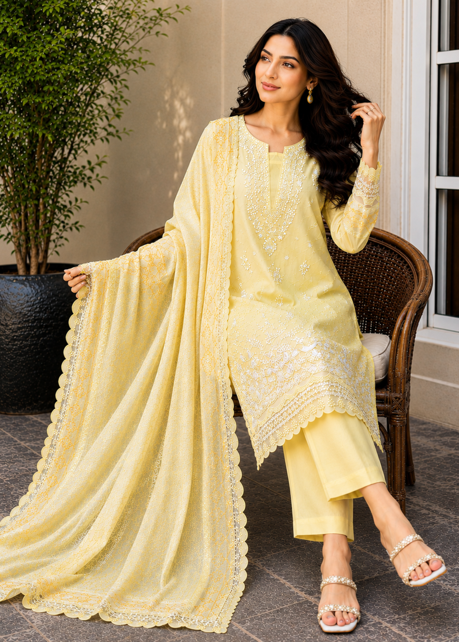 lawn cotton Kurta Set in Lemon, butter