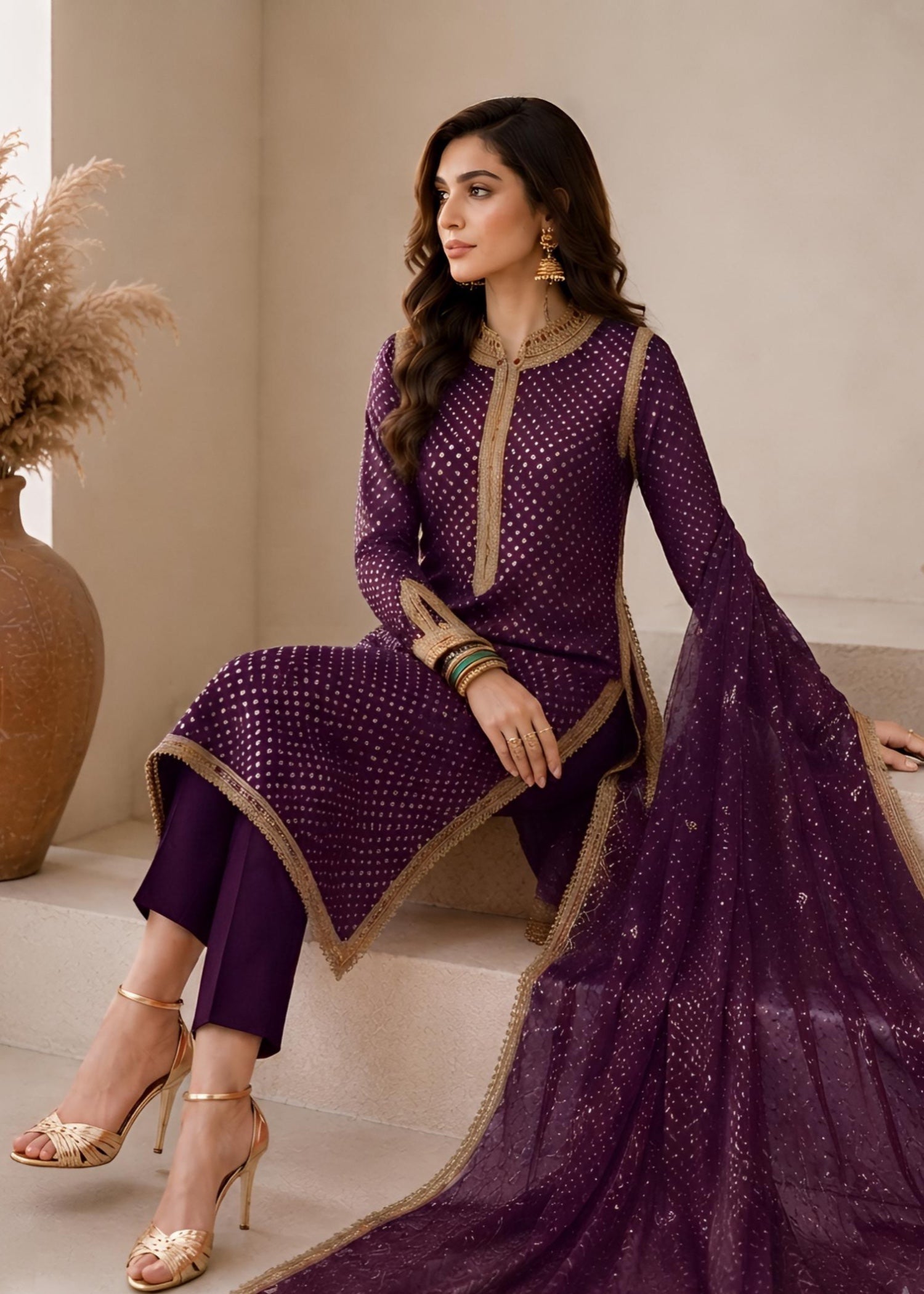 swiss lawn Kurta Set in Plum purple