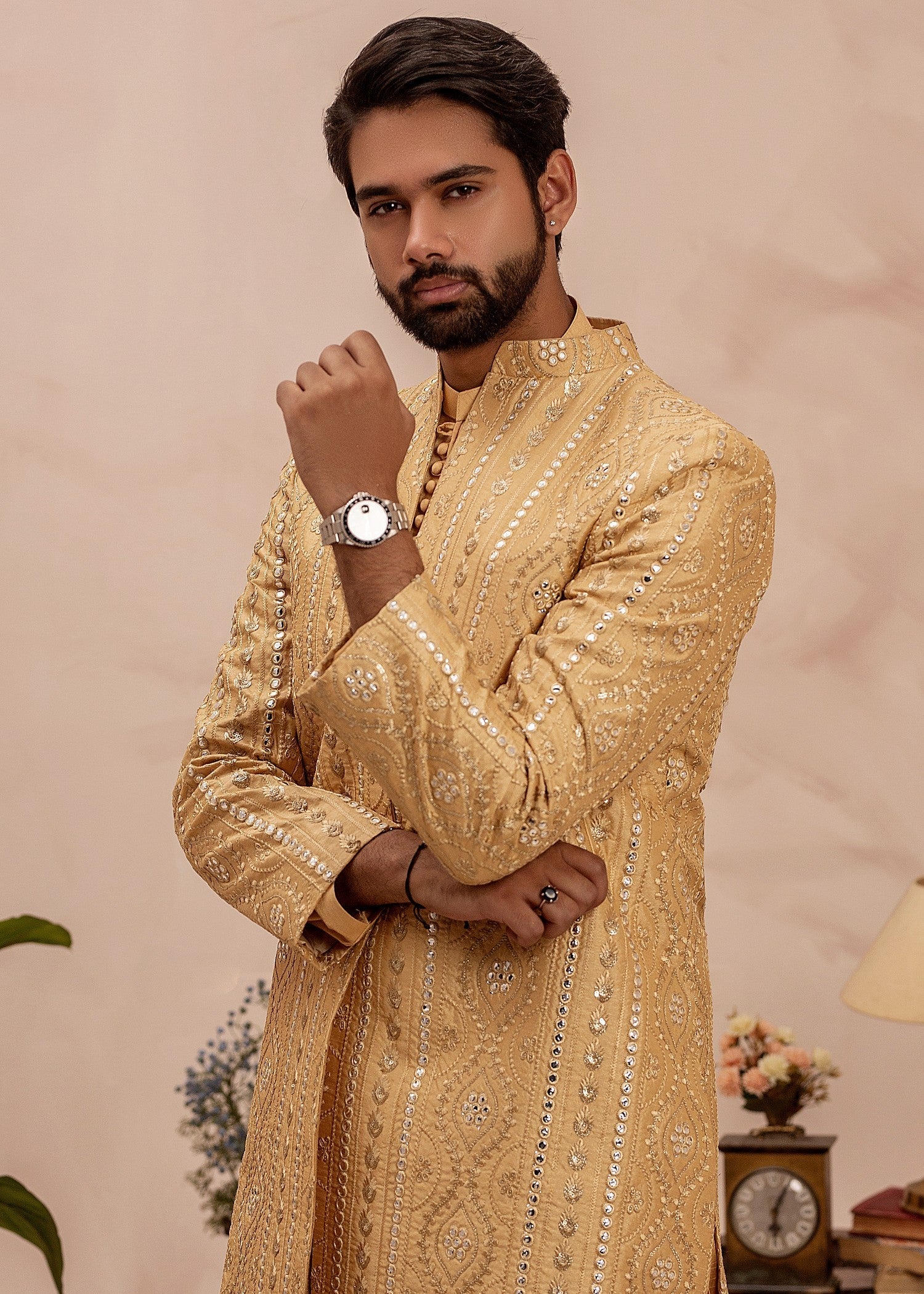 raw silk Sherwani in Gold