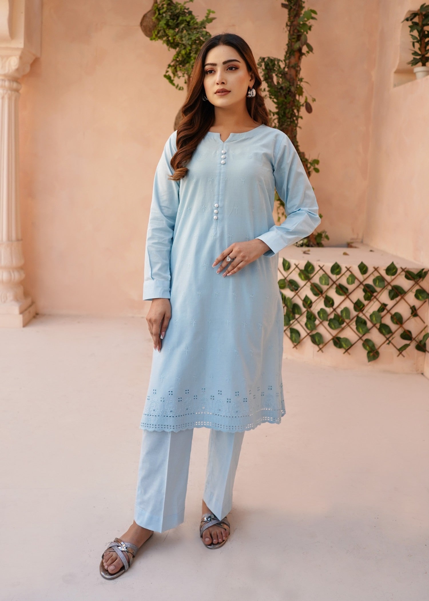 schiffli Kurta Set in Ice blue