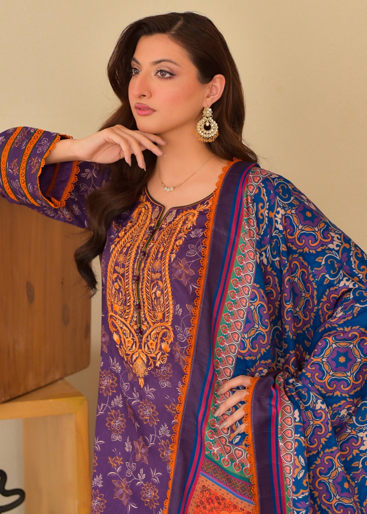 slub cambric Kurta Set in Purple