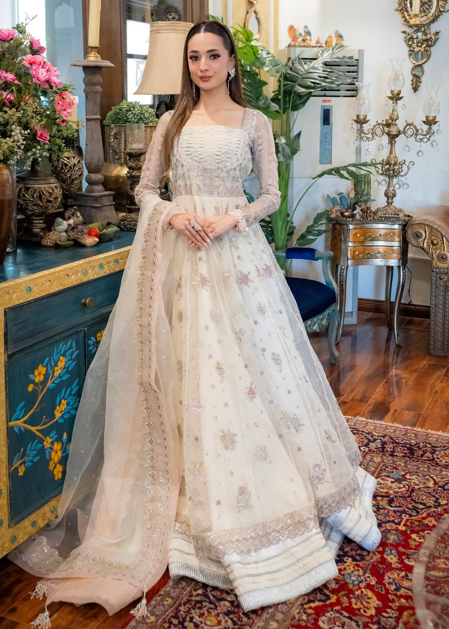 organza Pishwas in White