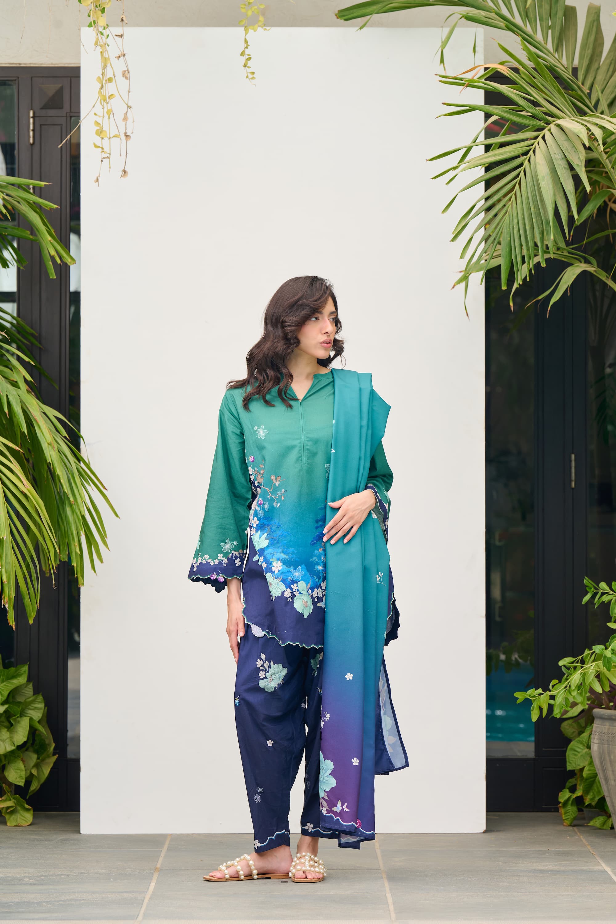 lawn Kurta Set in Teal, navy blue
