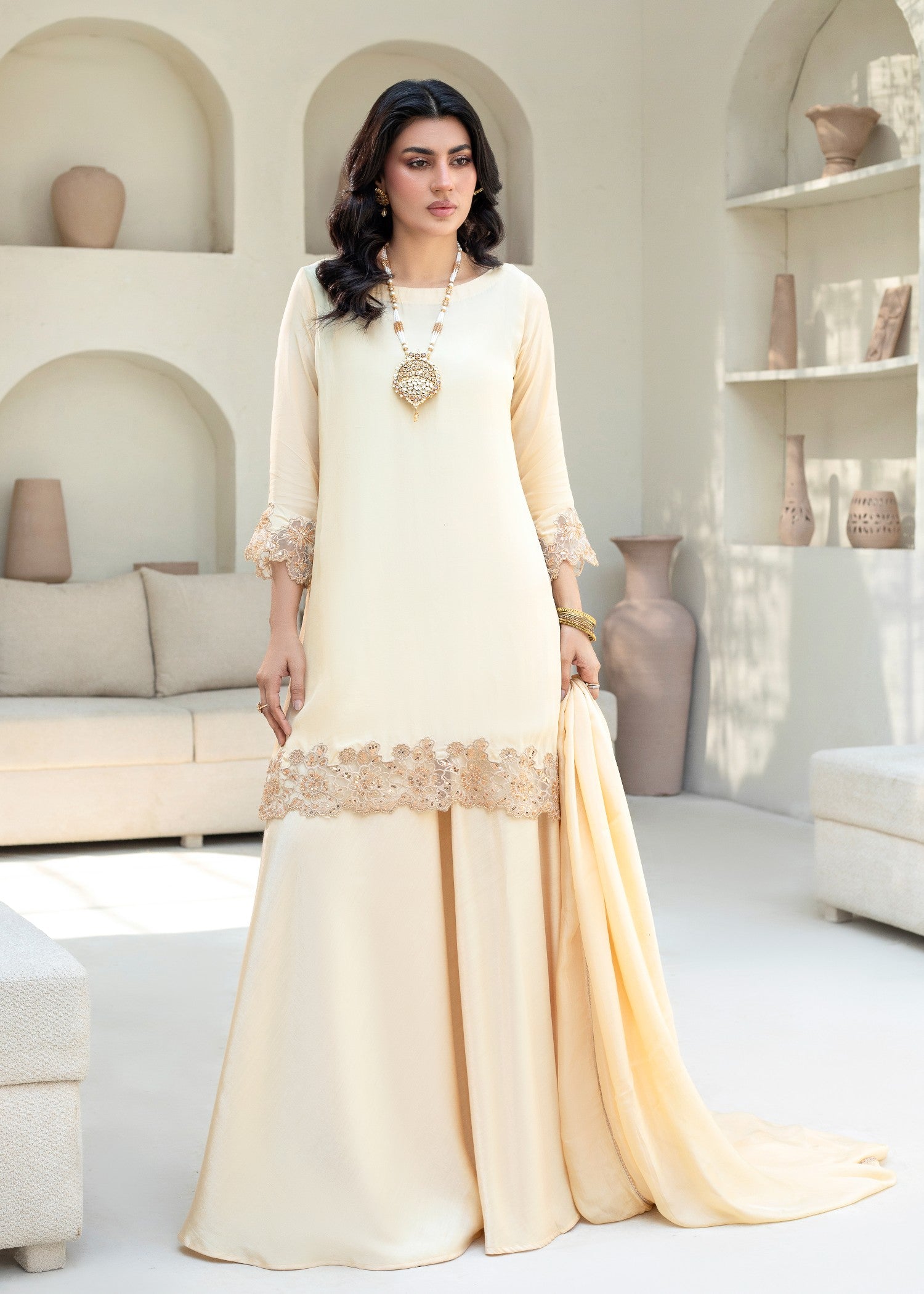silk Lehenga in Cream