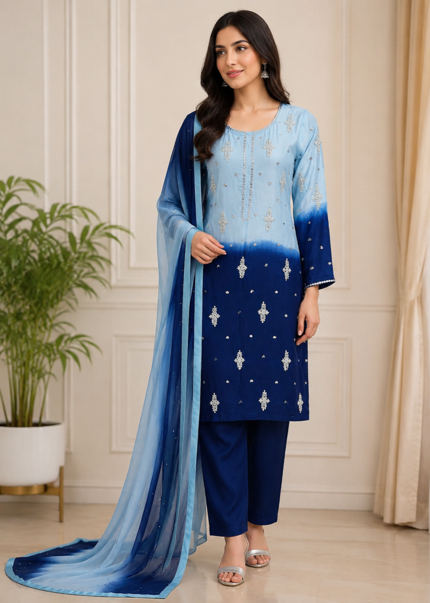 raw silk Kurta Set in Navy blue, sky blue