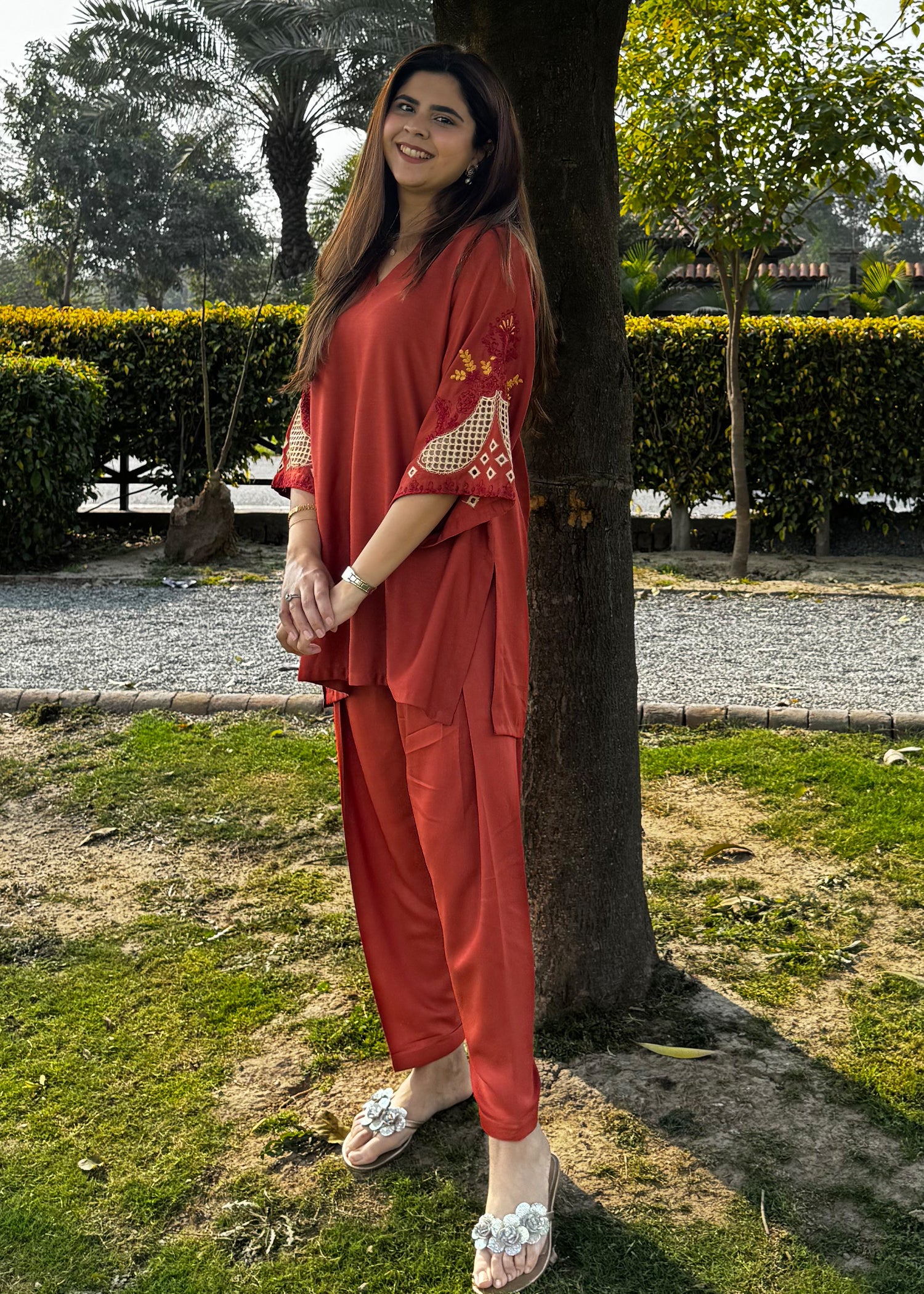 cotton karandi Kurta Set in Rust orange